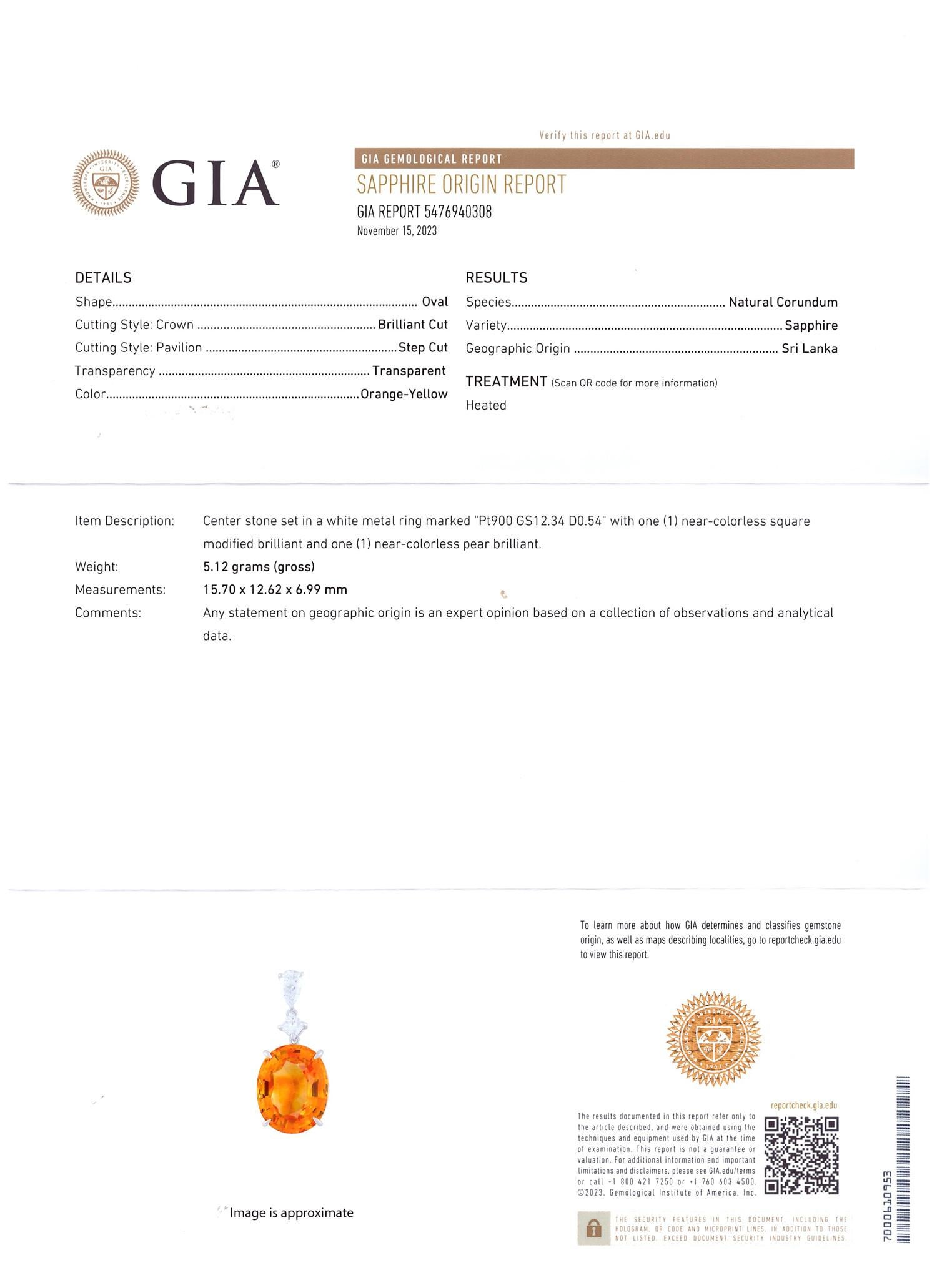 GIA certified Ceylon Sapphire Yellow-Orange 12.34 ct 2 diamonds 0.50 ct Necklace In New Condition In München, DE
