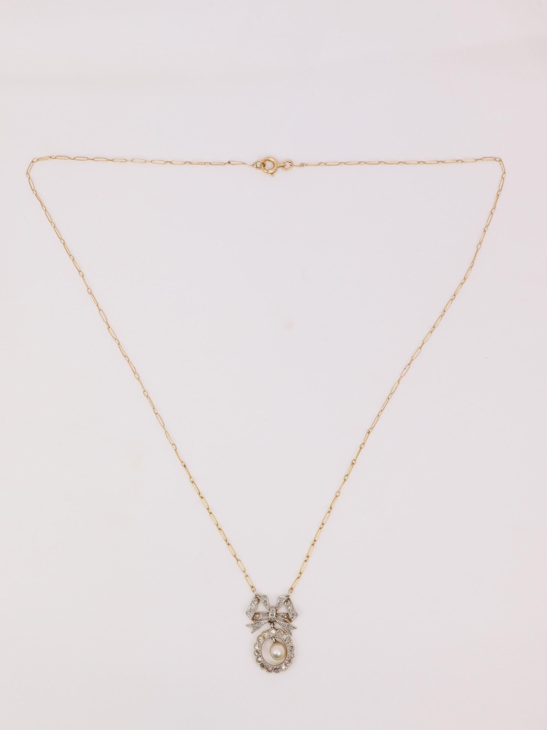 Rose Cut Collier noeud Belle Epoque en or, diamants et perle fine For Sale