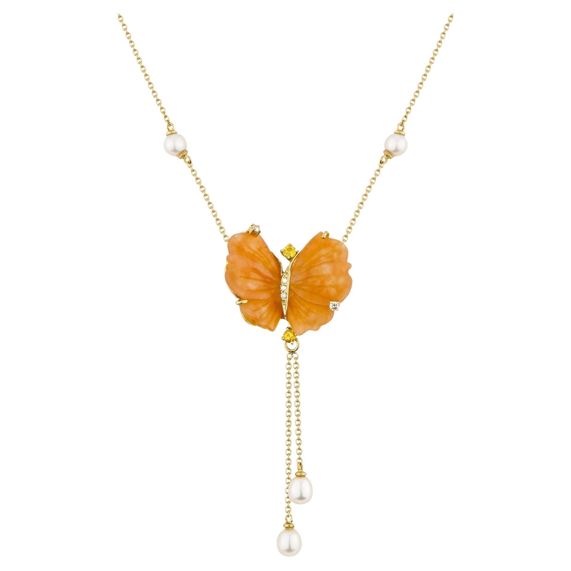 Collier Papillon en or jaune, quartzites pêche, citrines et  diamants  For Sale