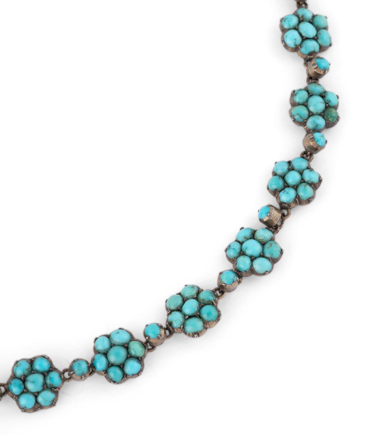 Cabochon Collier rivière ancien en argent et turquoise