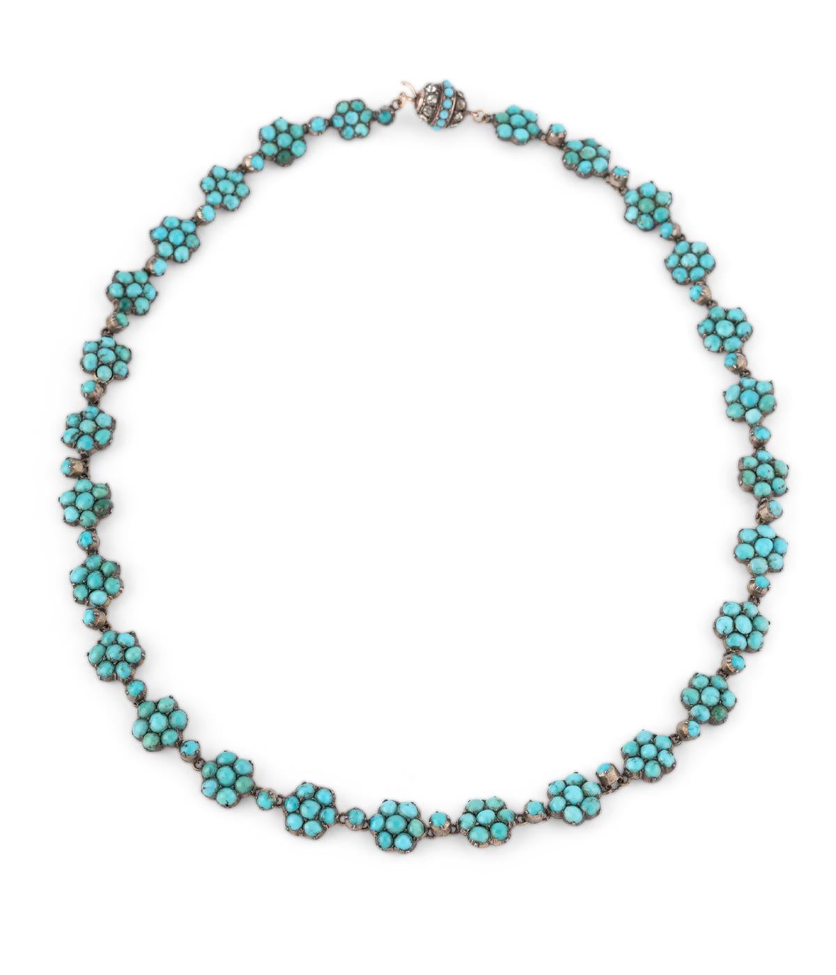 Women's or Men's Collier rivière ancien en argent et turquoise