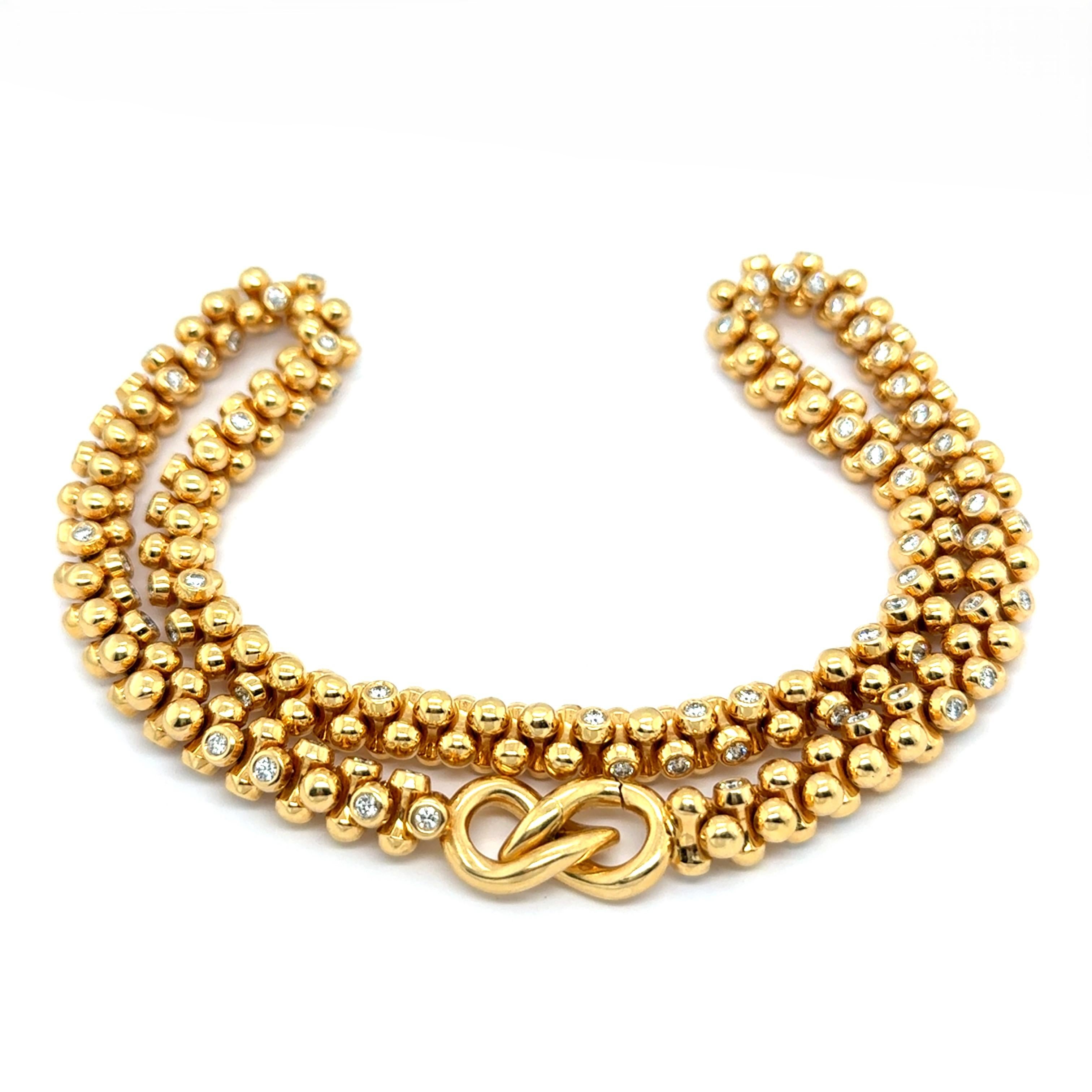 Necklace by Tamara Comolli, designed in 18 Karat yellow gold and adorned with 157 brilliant-cut diamonds of exquisite F color and vs clarity, totaling 7.85 carats. 

Known for her distinctively elegant and fluid designs, Tamara Comolli captures the