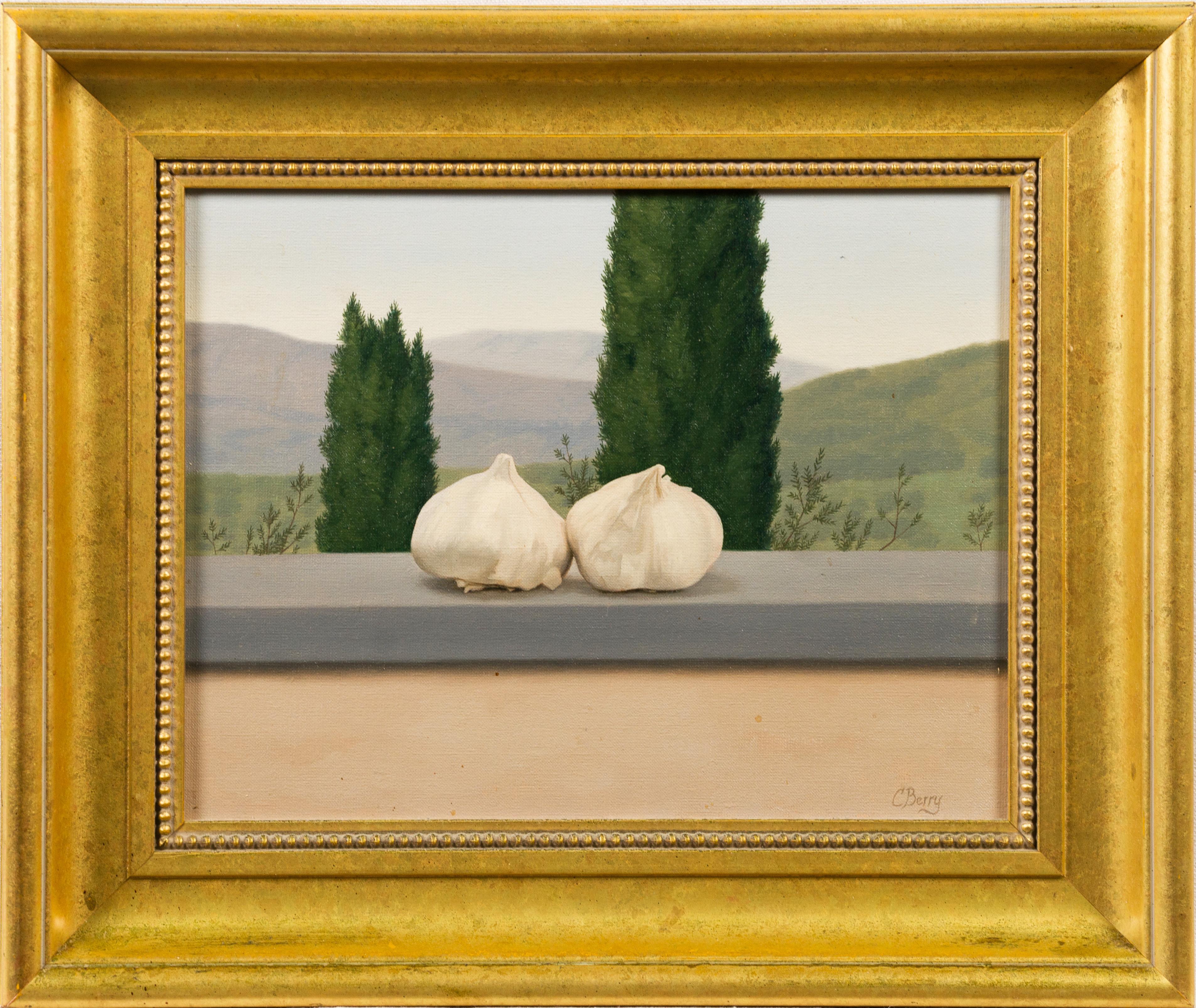 Collin Berry Landscape Painting - Vintage American Realist Landscape Garlic Still Life Gilt Framed Oil Painting