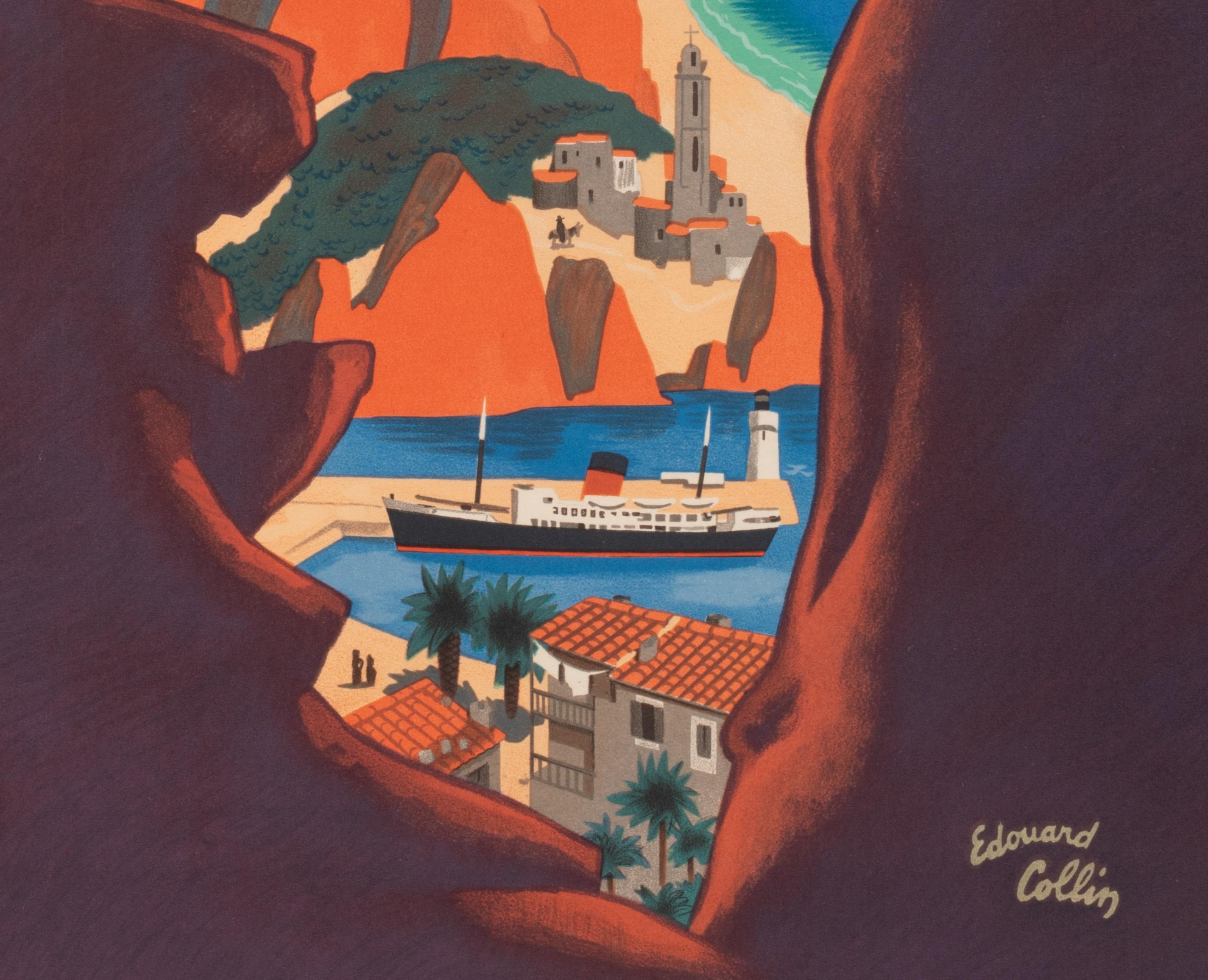 French Collin, Original Vintage Poster, Corsica, Transatlantique, Ocean Liner, 1950 For Sale