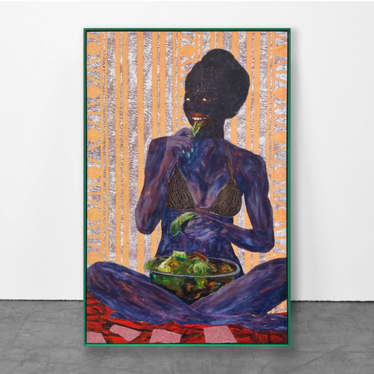Smiling Girl Eating Salat, von Collin Sekajugo, Zeitgenössische afrikanische Kunst, 2022