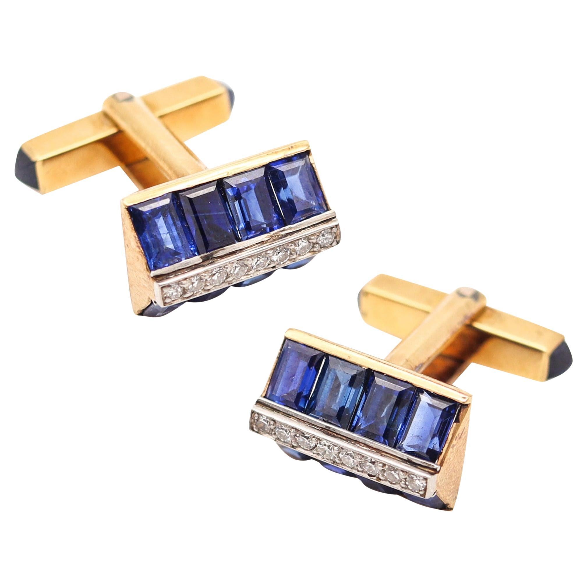 COLLINGWOOD 
SON London Art-Deco Cufflinks In 18Kt Gold Sapphires 
Diamonds en venta