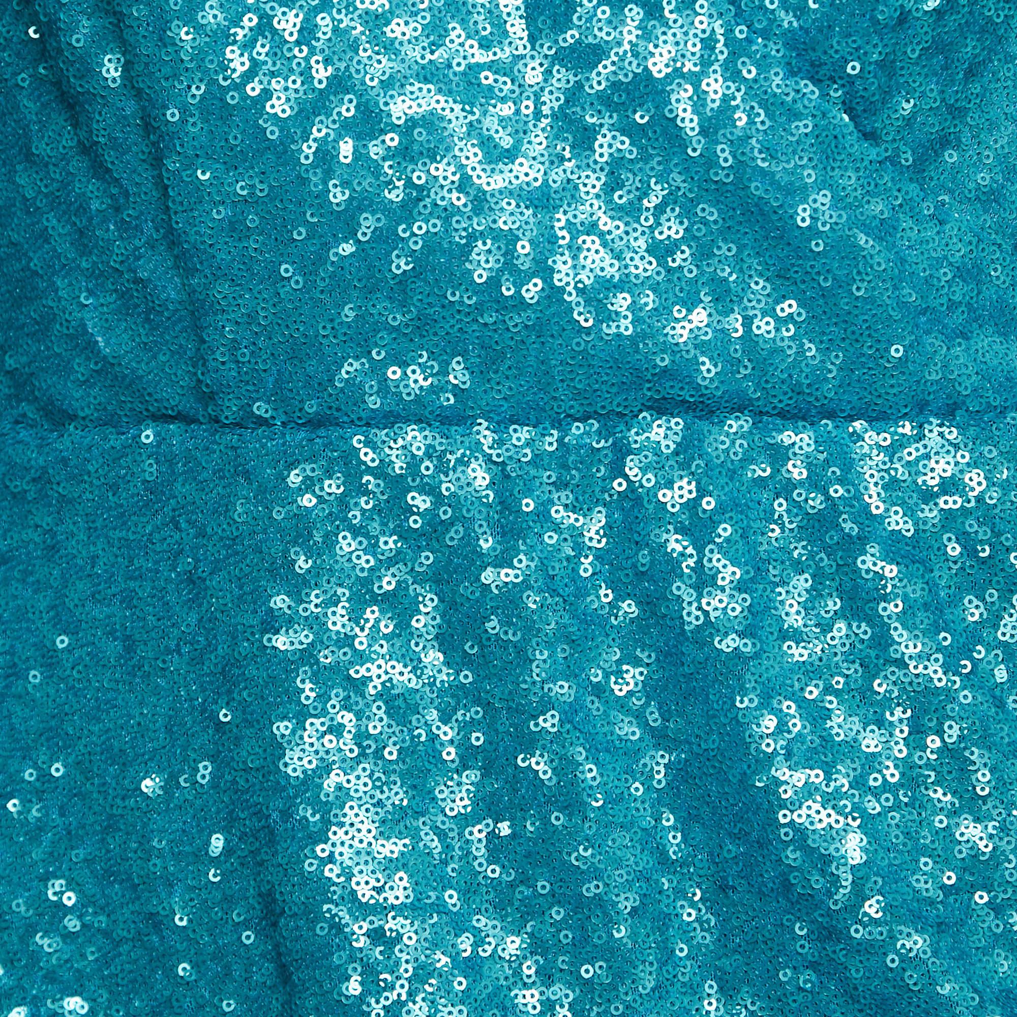 Collini Blue Sequin Draped Long Sleeve Mini Dress S In Fair Condition For Sale In Dubai, Al Qouz 2
