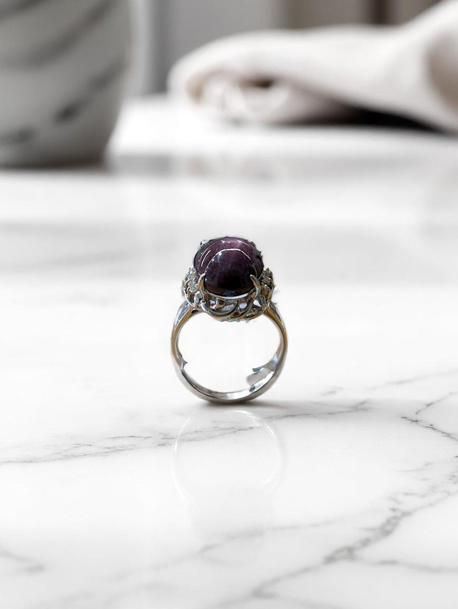 Collins  18k White Gold Ring with 7 ct Star Ruby & .12 ctw Natural Diamonds In New Condition For Sale In Greeneville, TN