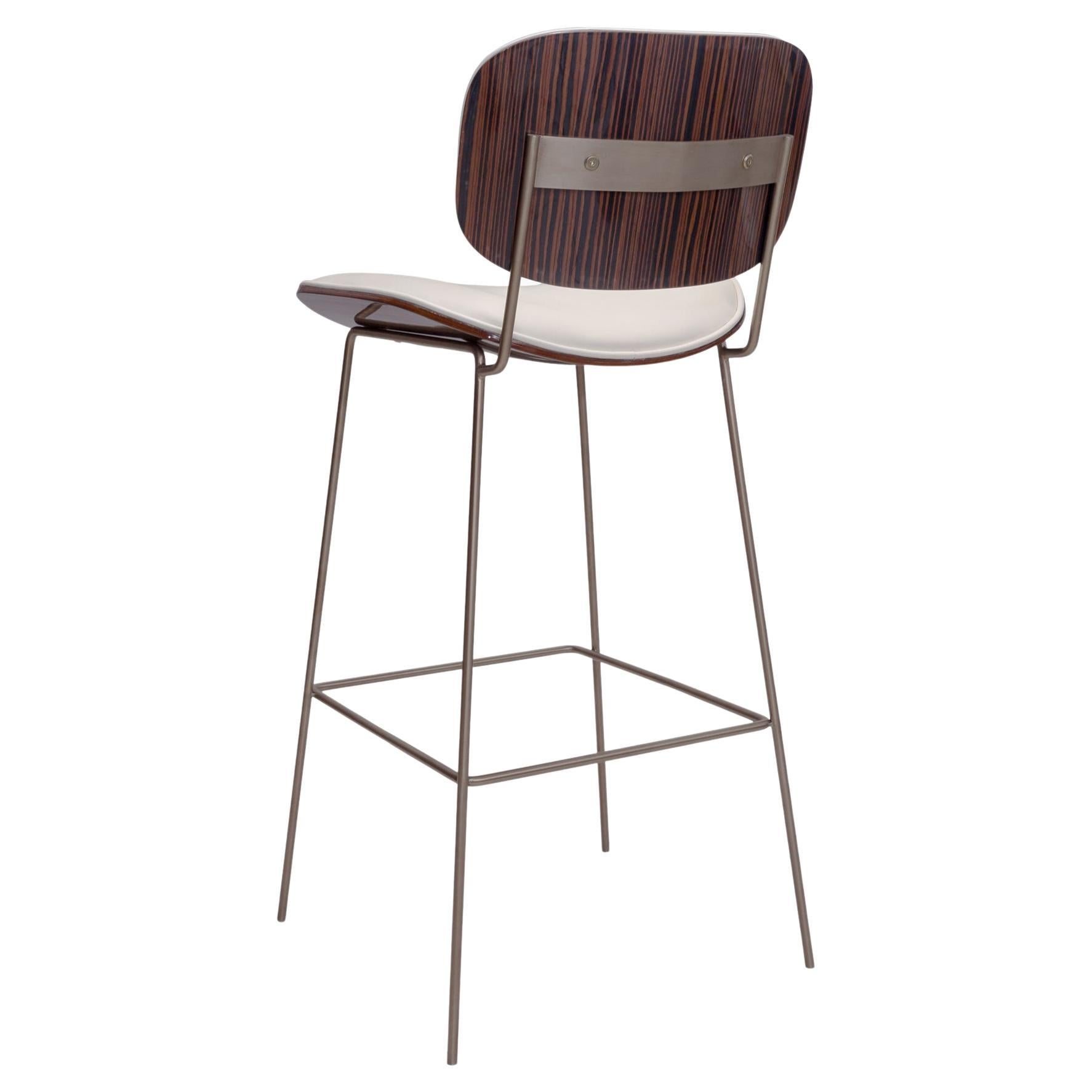 Collins Bar Stool with Ebony and Leather Back and Seat For Sale