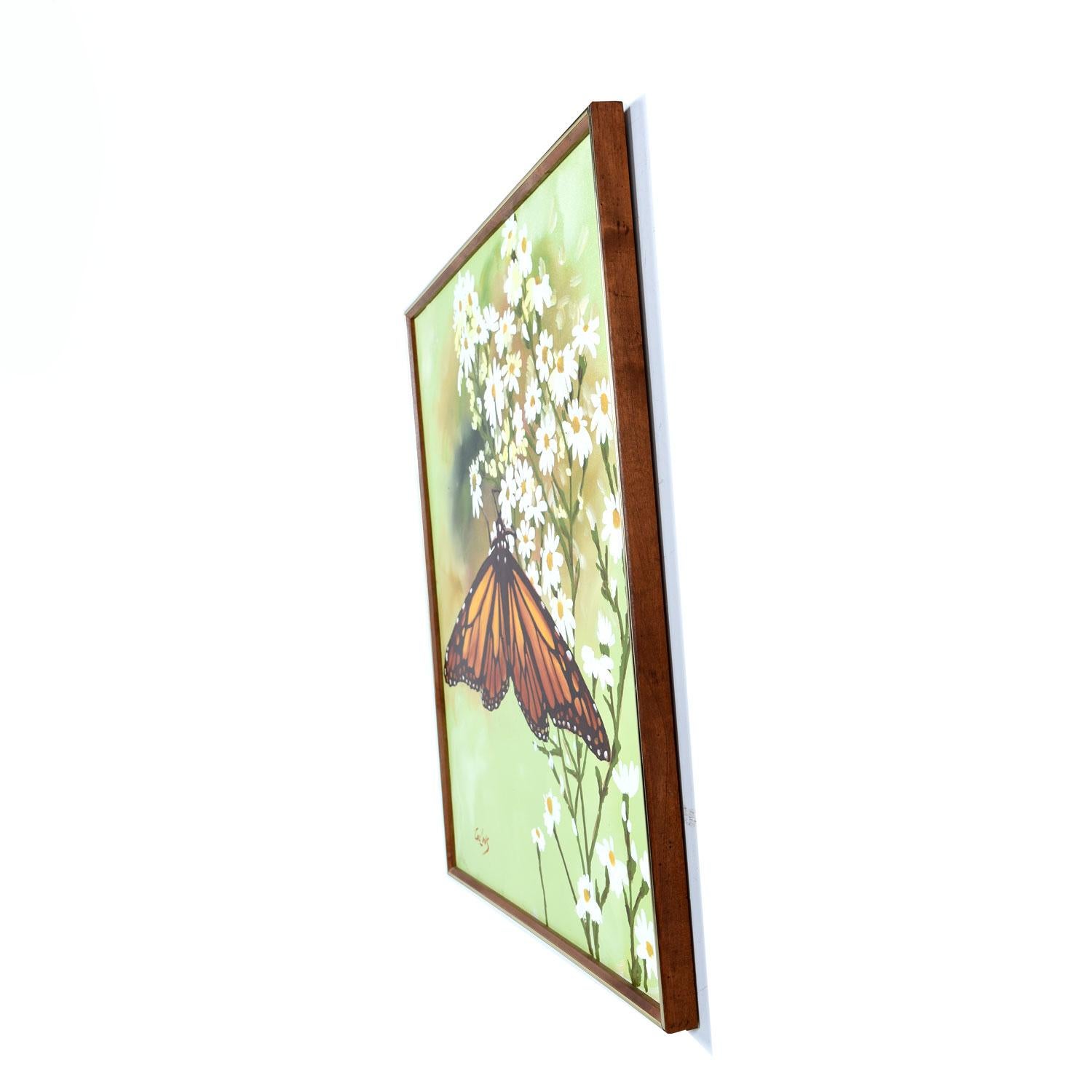 Mid-Century Modern Collins Green and White Flower with Monarch Butterfly Painting