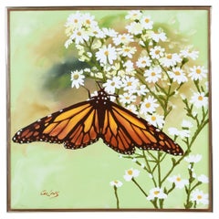 Collins Green and White Flower with Monarch Butterfly Painting