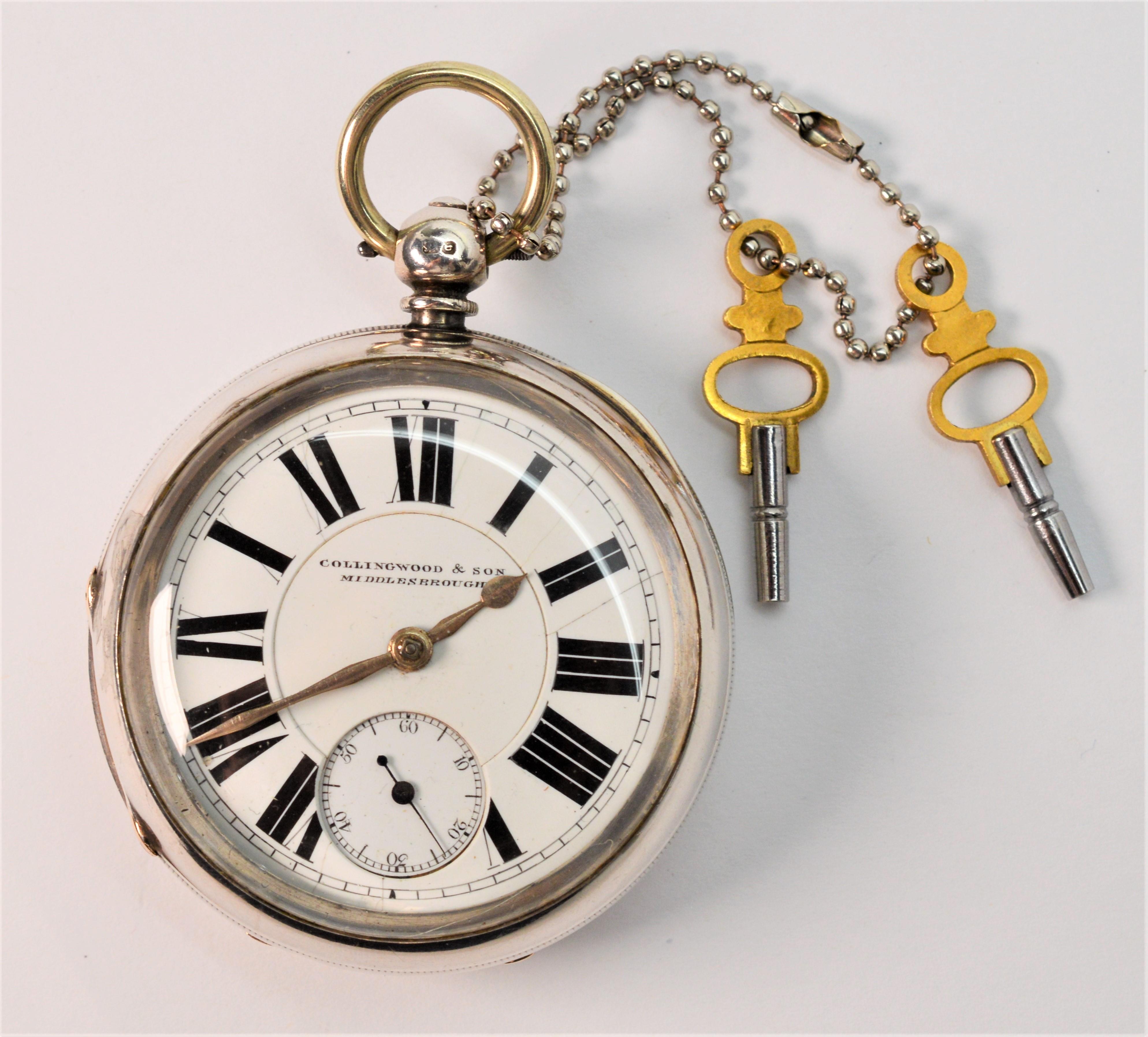 Outstanding antique sterling silver pocket watch by Collinwood & Sons of Middleboush, England, previously own by an African American railroad conductor, circa 1900 and
was an estate purchase directly from his grandson, a US Postmaster. With an open