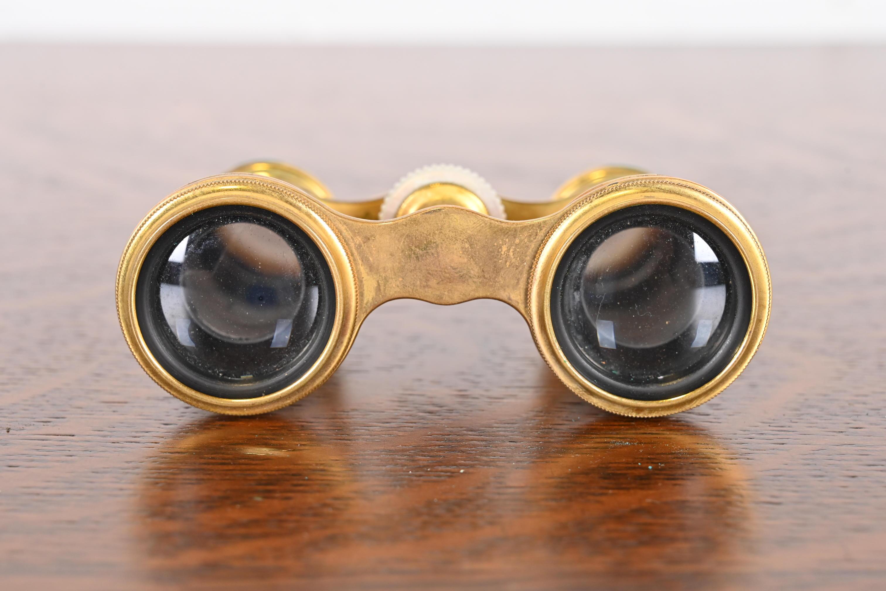 Brass Colmont Ft Paris Mother of Pearl French Opera Glasses With Leather Case, 1890s For Sale