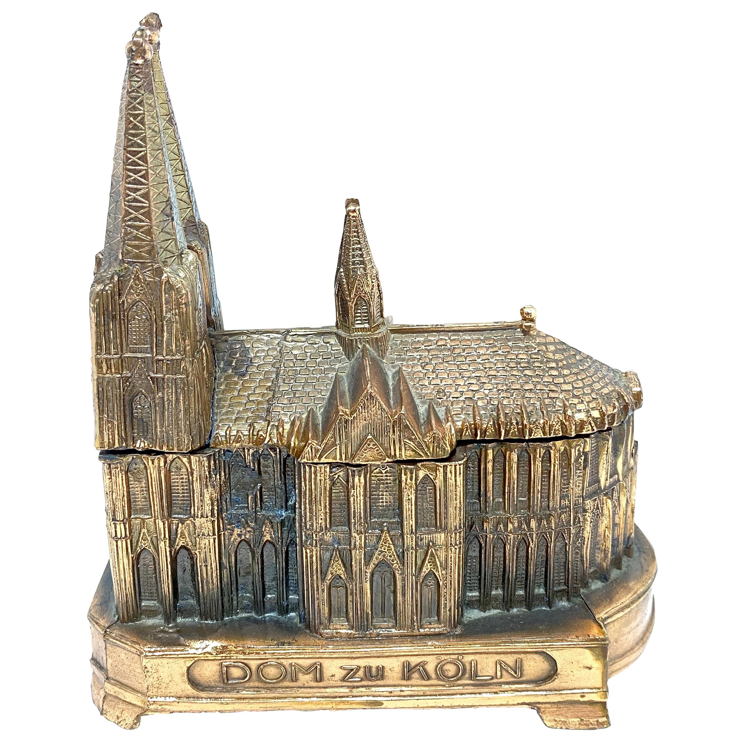 Schmuckkästchen-Schmuckkästchen aus Metall, antikes deutsches Souvenir der Kölner Kathedrale, 1930er Jahre