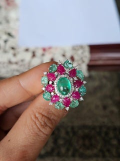 Colomabian Emerald Cabochon, carved Emeralds, Rubies & Diamonds Cocktail Ring