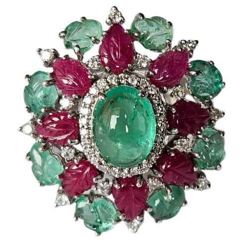 Colomabian Emerald Cabochon, carved Emeralds, Rubies & Diamonds Cocktail Ring