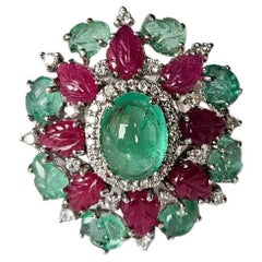 Colomabian Emerald Cabochon, carved Emeralds, Rubies & Diamonds Cocktail Ring