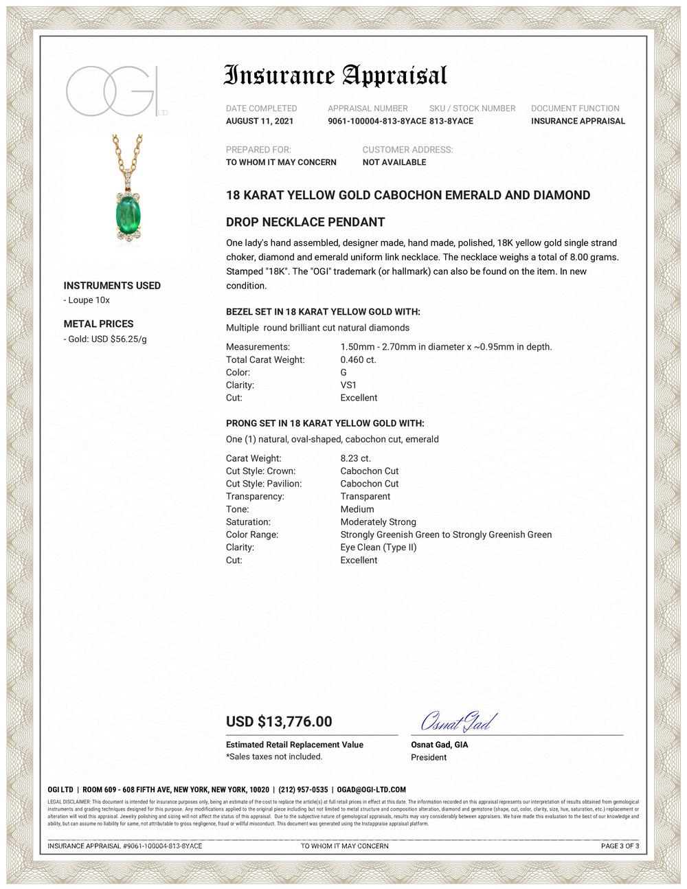Eighteen karats yellow and white gold necklace pendant with Colombia cabochon emerald
Necklace measuring 18 inch 
Colombia cabochon emerald weighing 8.23 carats
Round diamonds weighing 0.46 carats
Emerald hue tone color is emerald grass green
Wide