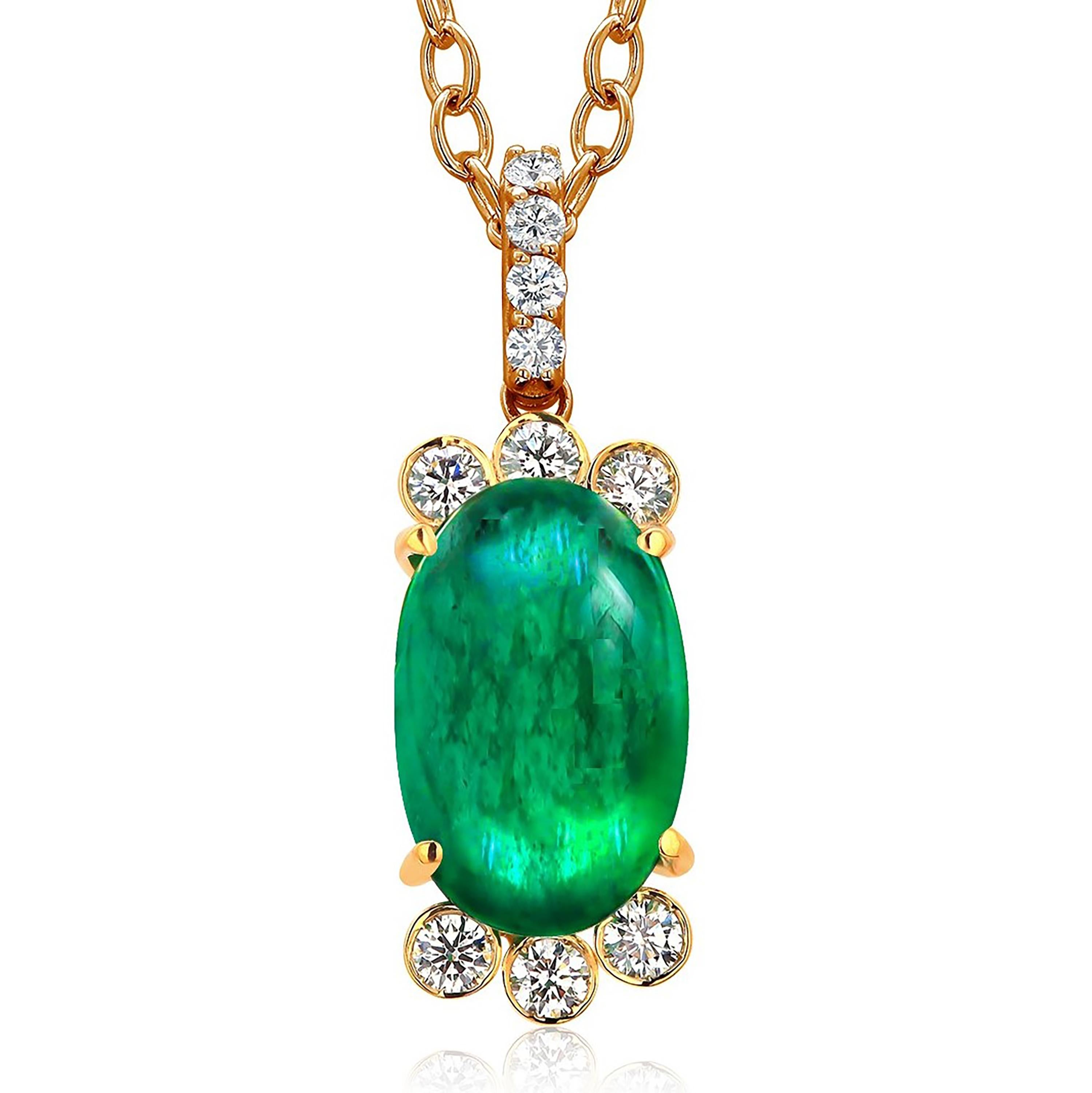 Contemporary Colombia Cabochon Emerald and Diamonds 18 Karat Gold Pendant Necklace