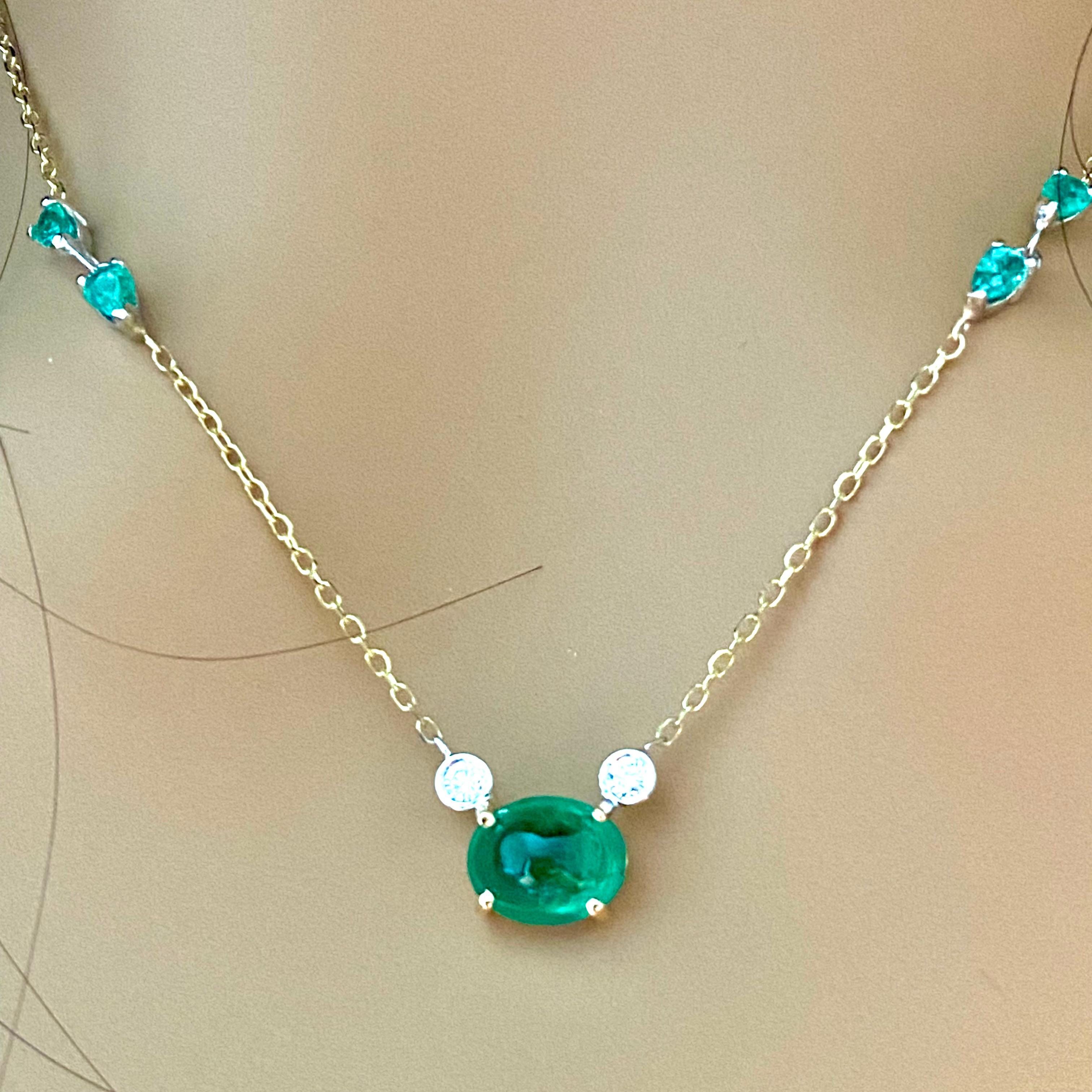 Oval Cut Cabochon Emerald Bezel Diamonds Pear Emeralds 3.10 Carat Yellow Gold Necklace