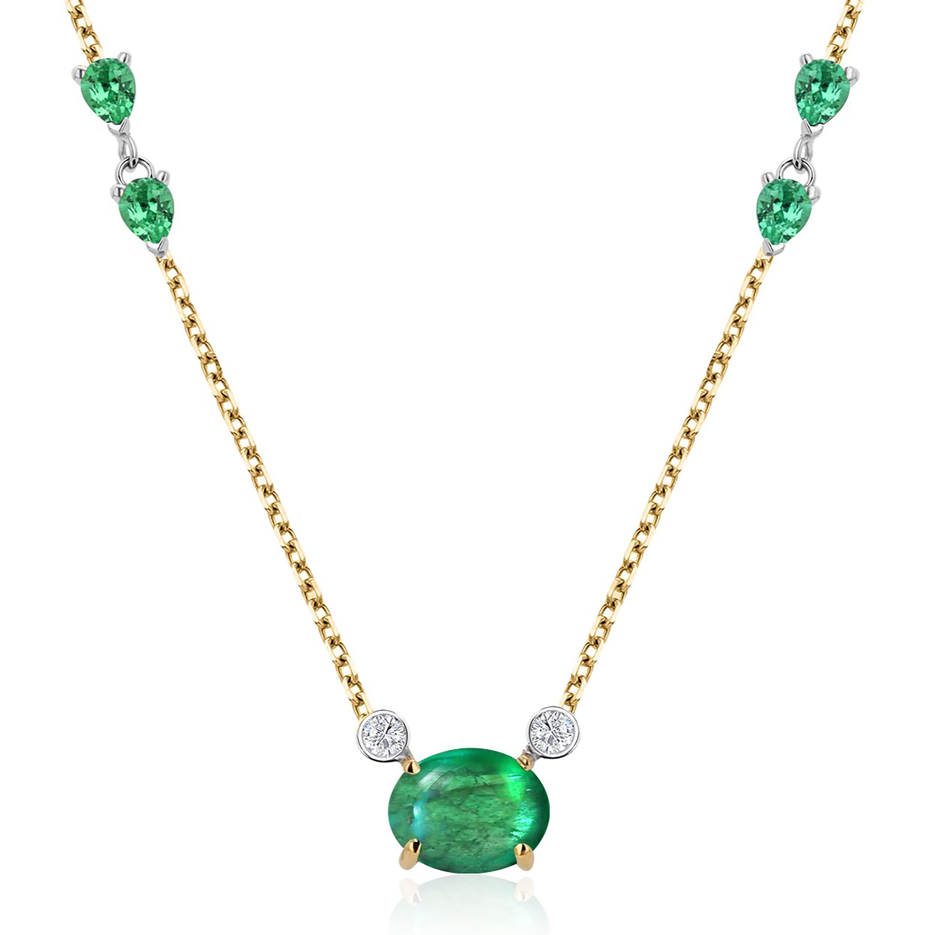 Cabochon Emerald Bezel Diamonds Pear Emeralds 3.10 Carat Yellow Gold Necklace In New Condition In New York, NY