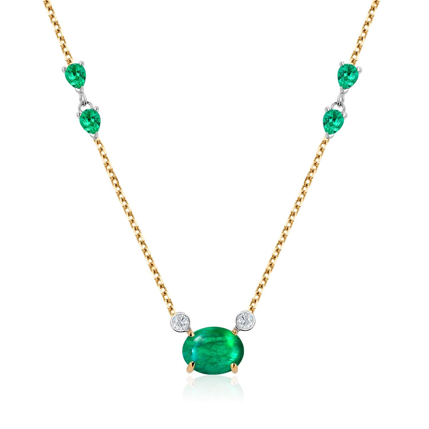 Cabochon Emerald Bezel Diamonds Pear Emeralds 3.10 Carat Yellow Gold Necklace 2