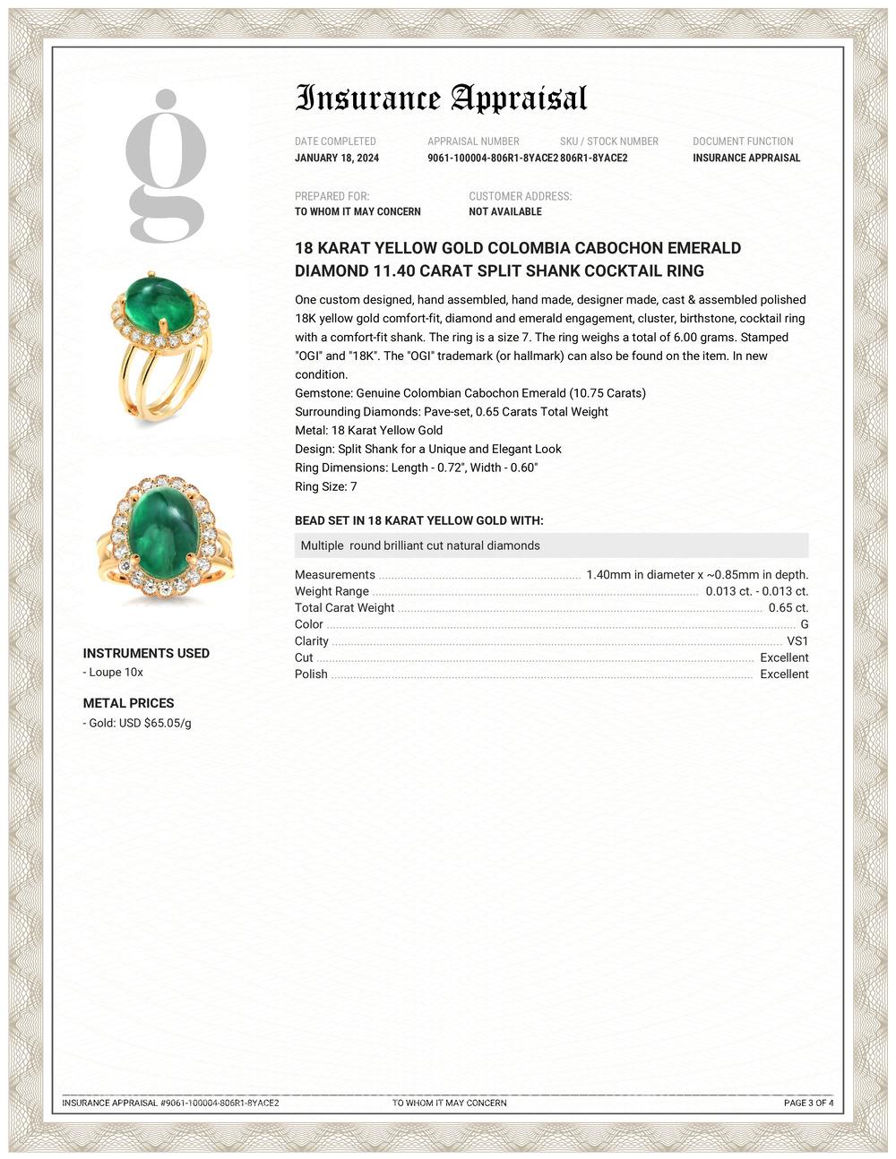 Elevate your style with our exquisite Colombian Cabochon Emerald Diamond Cocktail Ring, a true statement piece that effortlessly combines elegance and luxury. The center of attention is a mesmerizing 10.75-carat cabochon emerald sourced directly