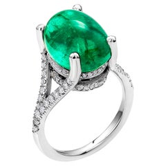 Colombia Cabochon Emerald Diamond High Domed Cluster Cocktail Gold Ring 