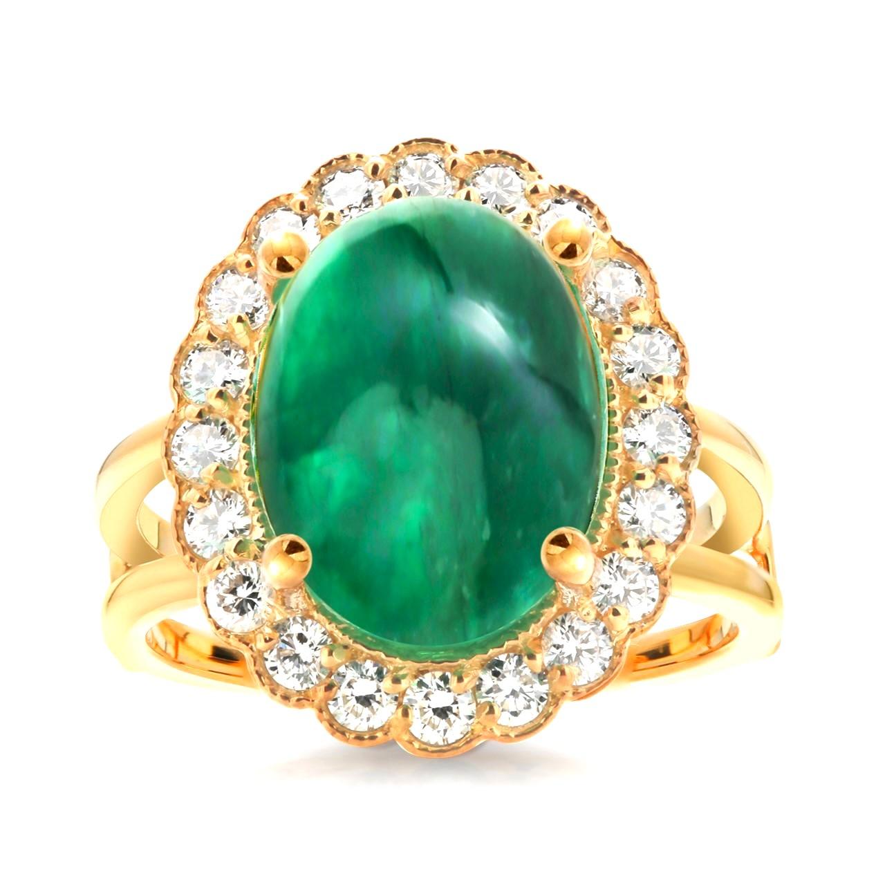 Colombia Cabochon Emerald Diamond 11.40 Carat Split Shank Gold Cocktail Ring  In New Condition In New York, NY