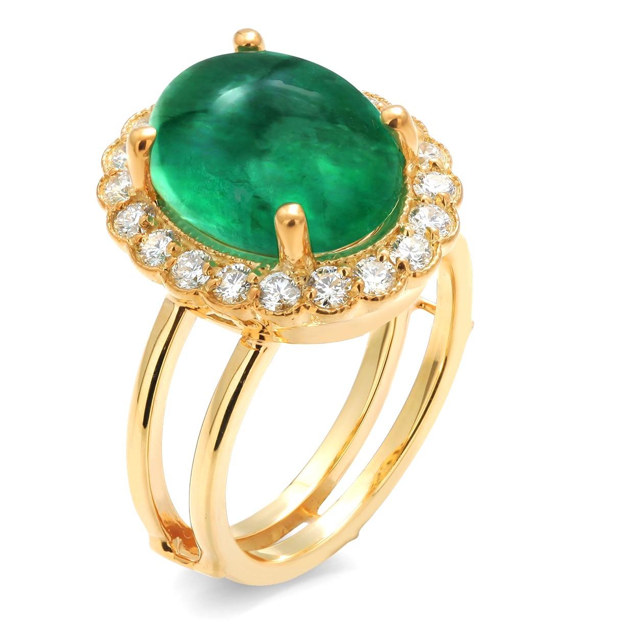 Colombia Cabochon Emerald Diamond 11.40 Carat Split Shank Gold Cocktail Ring  1