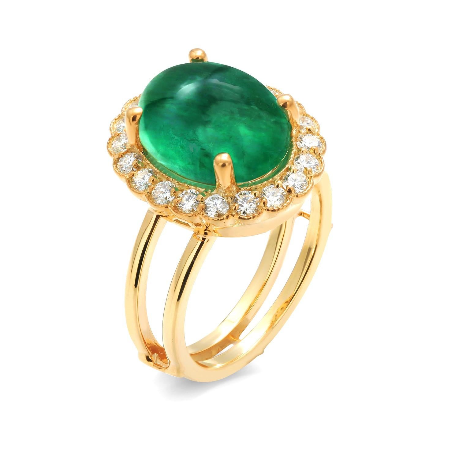 Colombia Cabochon Emerald Diamond 11.40 Carat Split Shank Gold Cocktail Ring  7