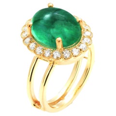 Colombia Cabochon Emerald Diamond Split Double Shank Yellow Gold Cocktail Ring 
