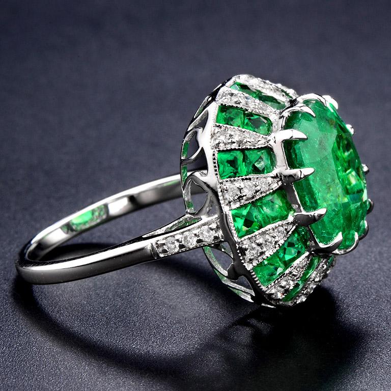 Cushion Cut Colombia Emerald 5.89 Carat and Diamond Cocktail Ring