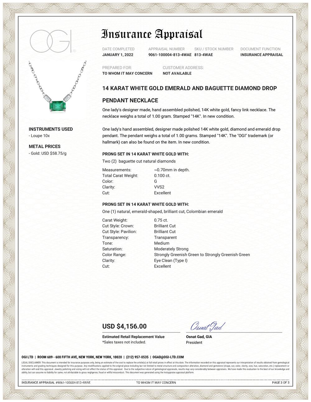 Fourteen karats white gold necklace pendant 
Necklace measuring 16 inches long
One emerald cut Colombia emeralds weighing 0.76 carats
Two baguette shaped diamonds weighing 0.12 carats
Cable chain necklace with a lobster spring clasp
Trending style