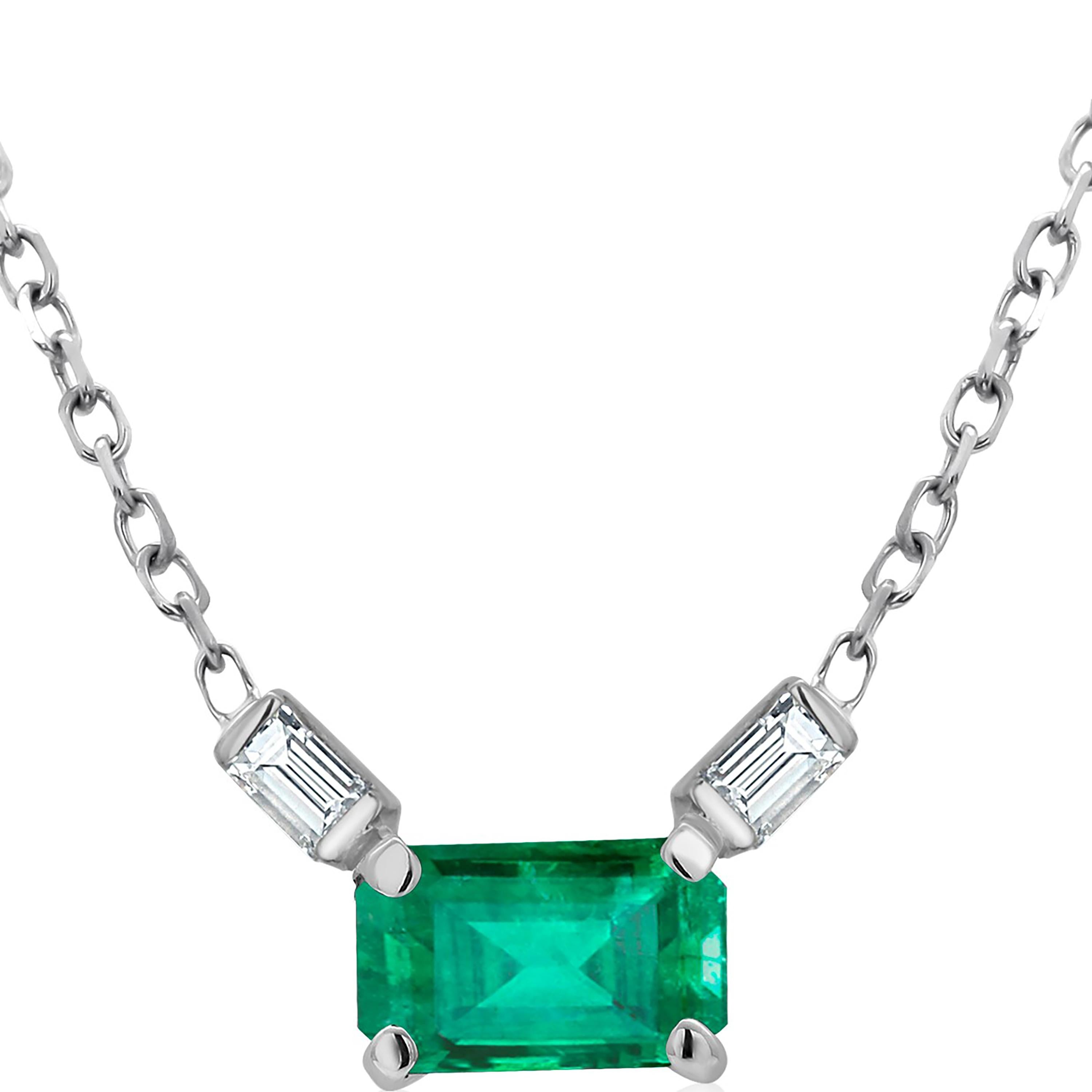 Emerald Cut Colombia Emerald and Two Baguette Diamonds White Gold Drop Pendant Necklace