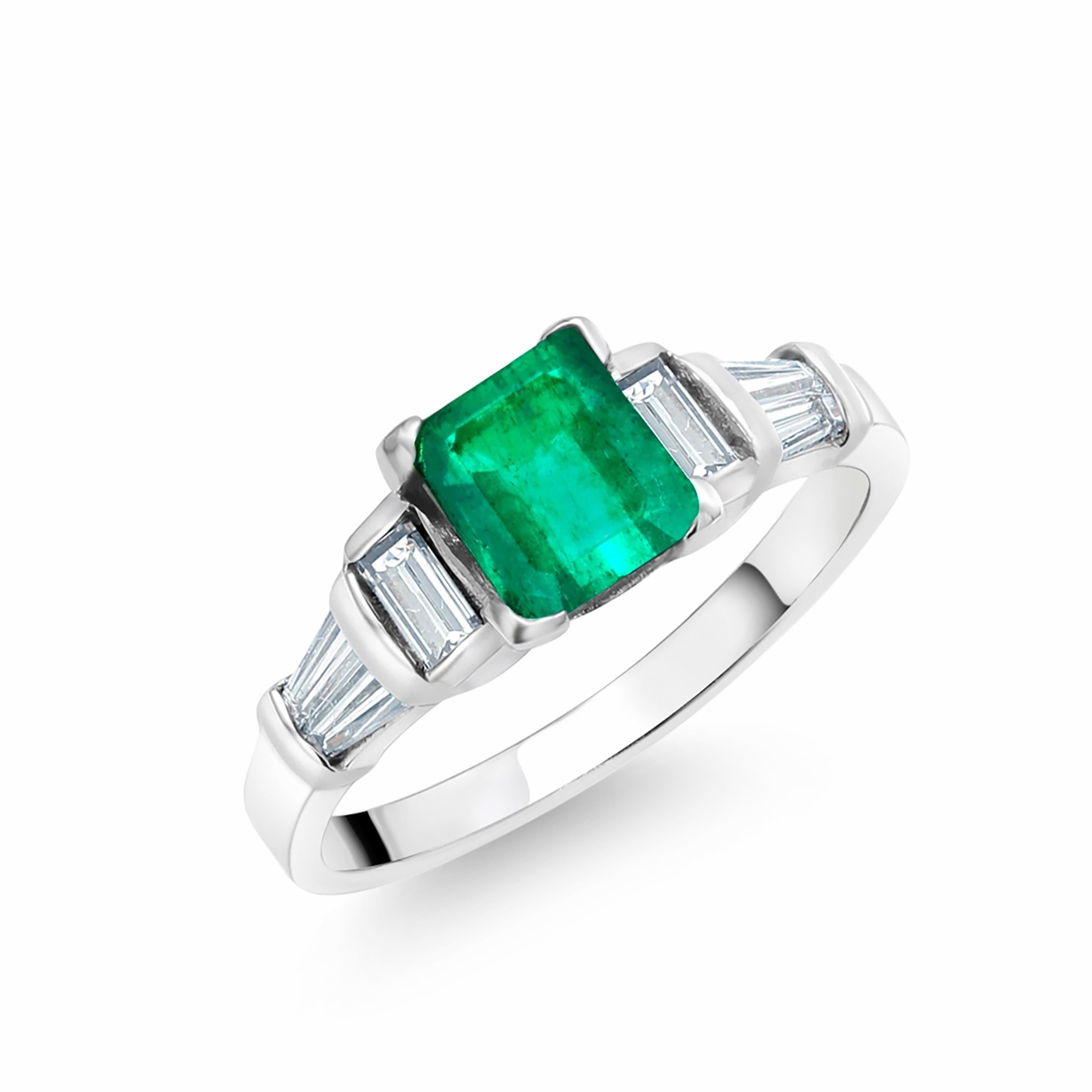 Contemporary Colombia Emerald Baguette Diamond Platinum Engagement Ring 