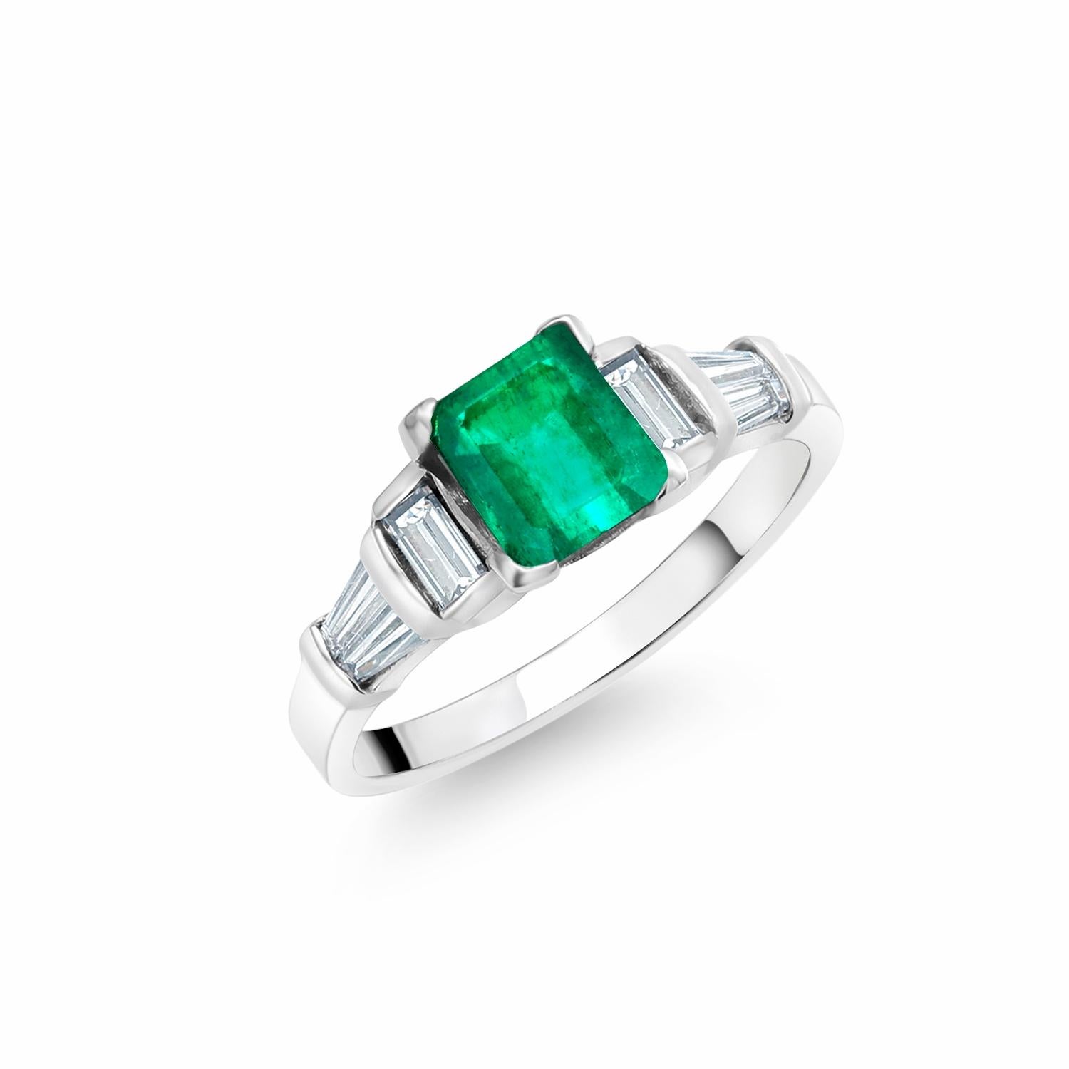 Emerald Cut Colombia Emerald Baguette Diamond Platinum Engagement Ring 