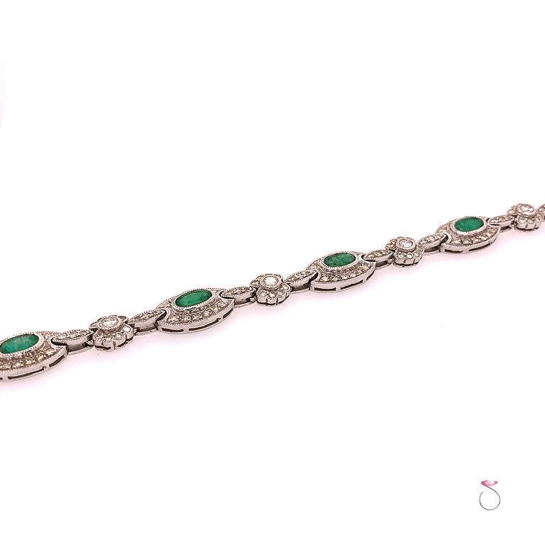 Oval Cut Colombia Emerald and Diamond Halo Tennis Bracelet, in 18 Karat White Gold For Sale