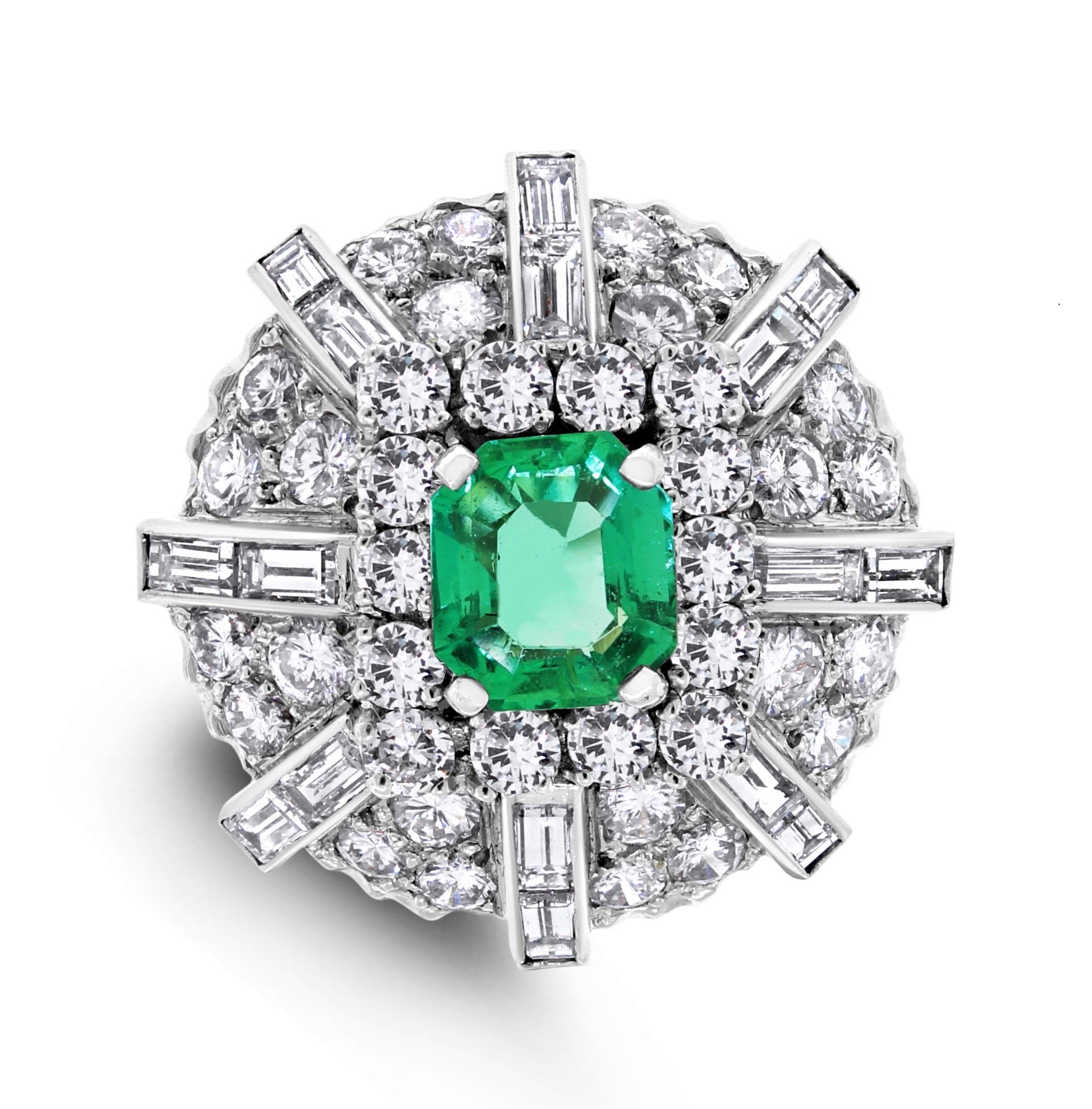 A blend of the old and new, this ring features an antique dome with modern diamond shapes set around an impressive Colombian emerald.

Gemstones Type: Emerald
Gemstones Shape: Rectangular
Gemstones Weight: 1.50 ct
Gemstone Origin: Colombia
Gemstones