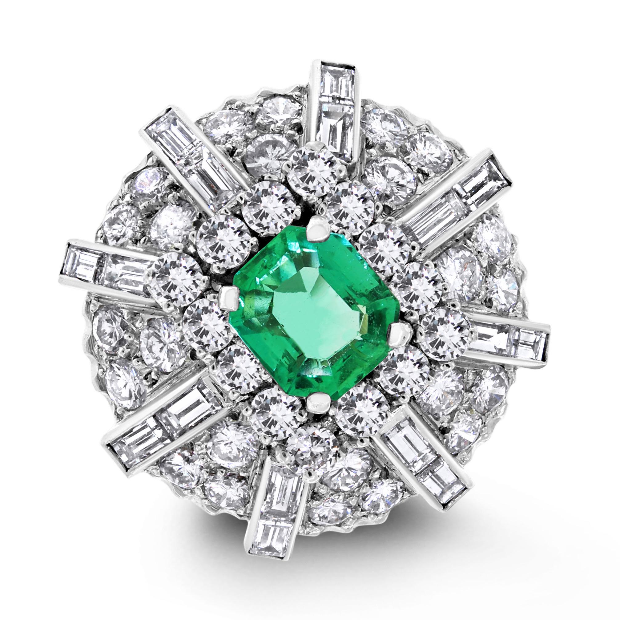 Radiant Cut Colombia Emerald & Diamond Ring (5.20 cts Emerald & Diamonds) in Platinum For Sale