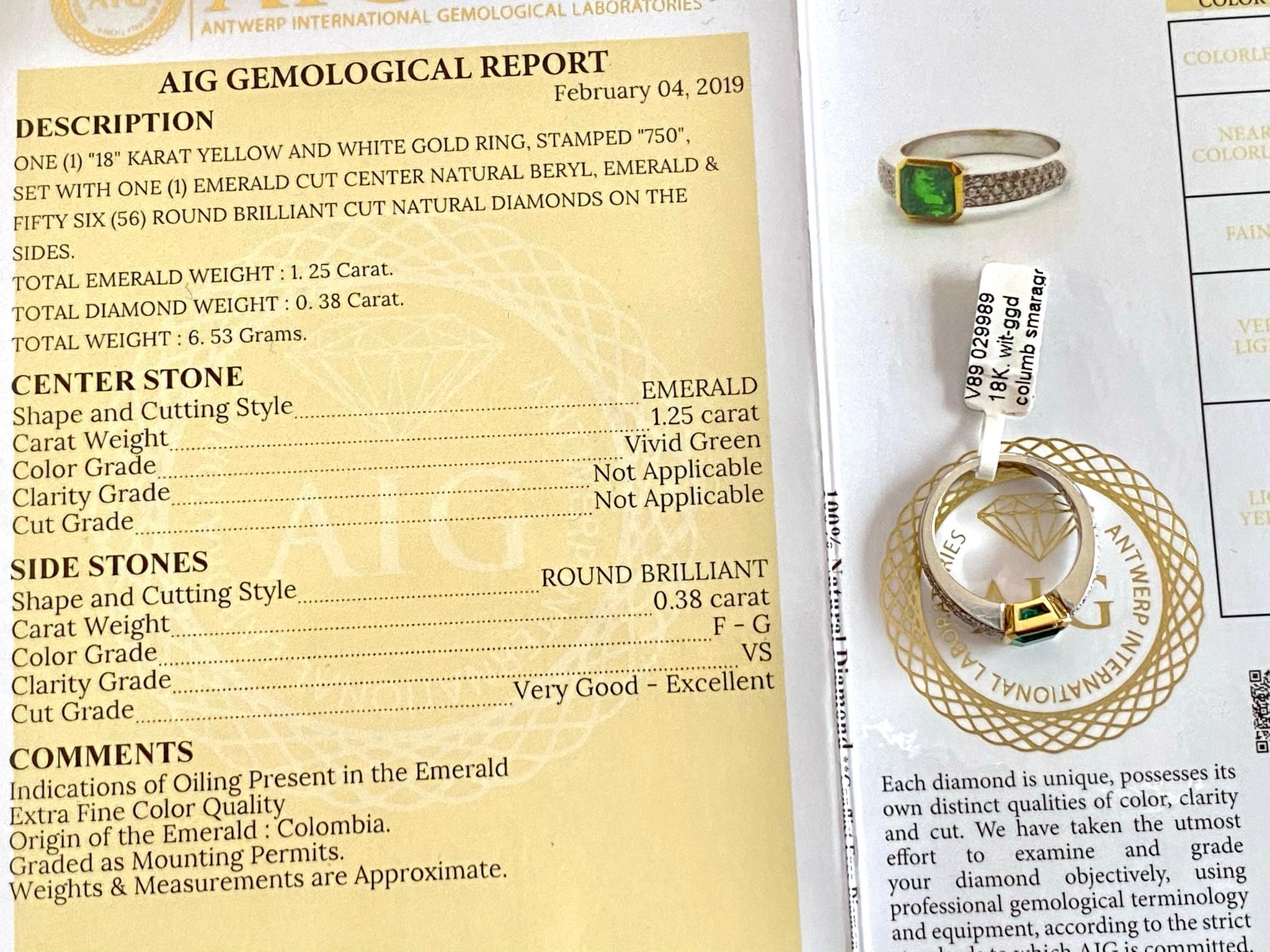 Kolumbianischer Smaragd von 1,25 Karat und Diamanten in einem handgefertigten Ring aus 18 Karat Gold im Angebot 4