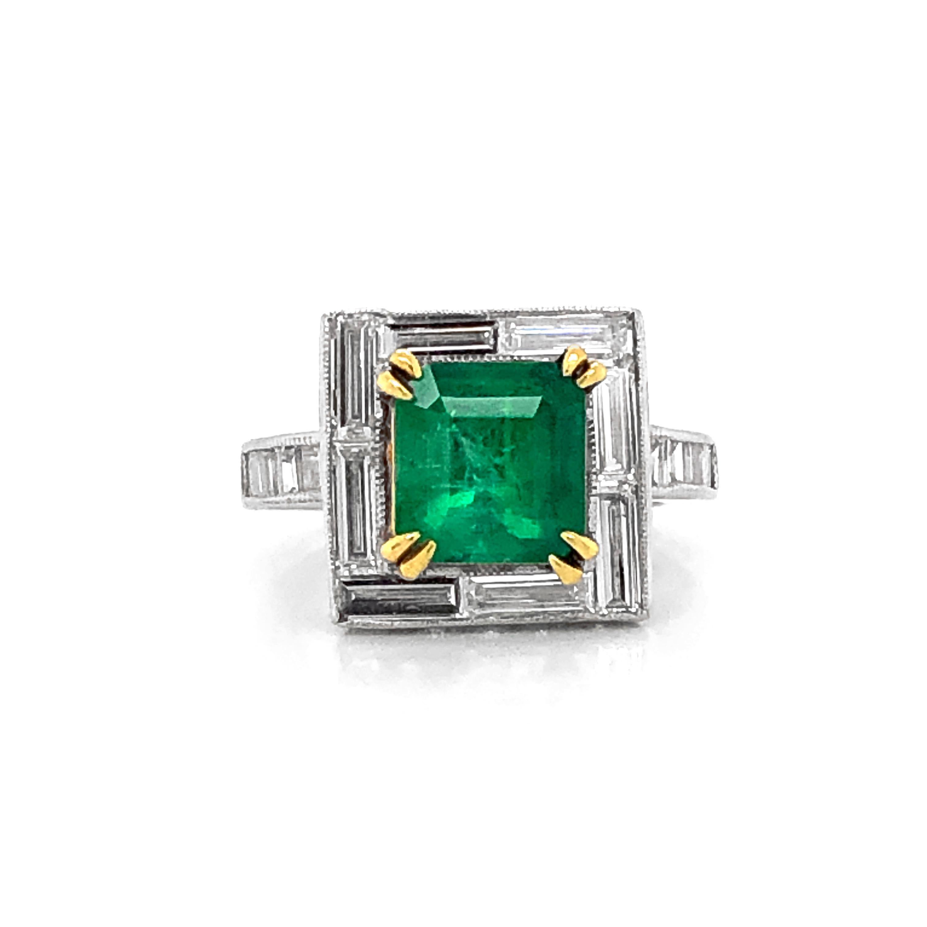 This beautiful certified cocktail ring is crowned with a brilliant cushion cut emerald 2.28 ct stone from Columbia.
GIA certified.
Accented with round and baguette cut diamonds 2.65 ct.
Platinum 950 metal.
Width: 1.2 cm
Height: 1.2 cm
Depth: 0.8