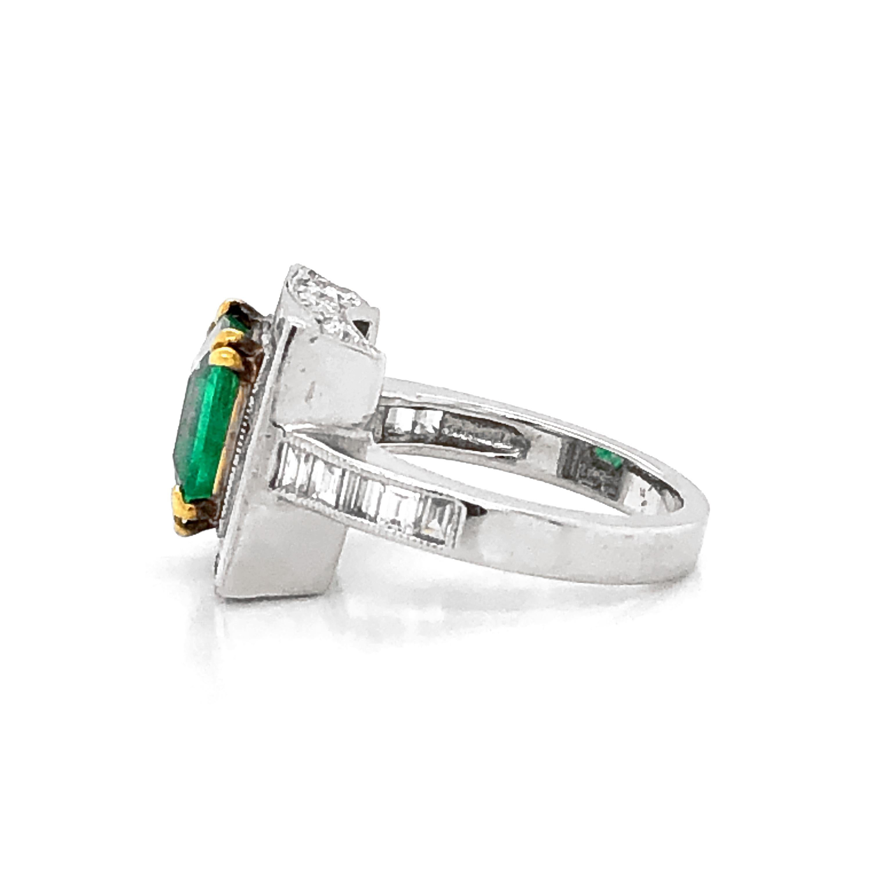 Contemporary Certified Emerald Cushion 2.28 Carat Round Baguette Diamond Platinum Ring For Sale