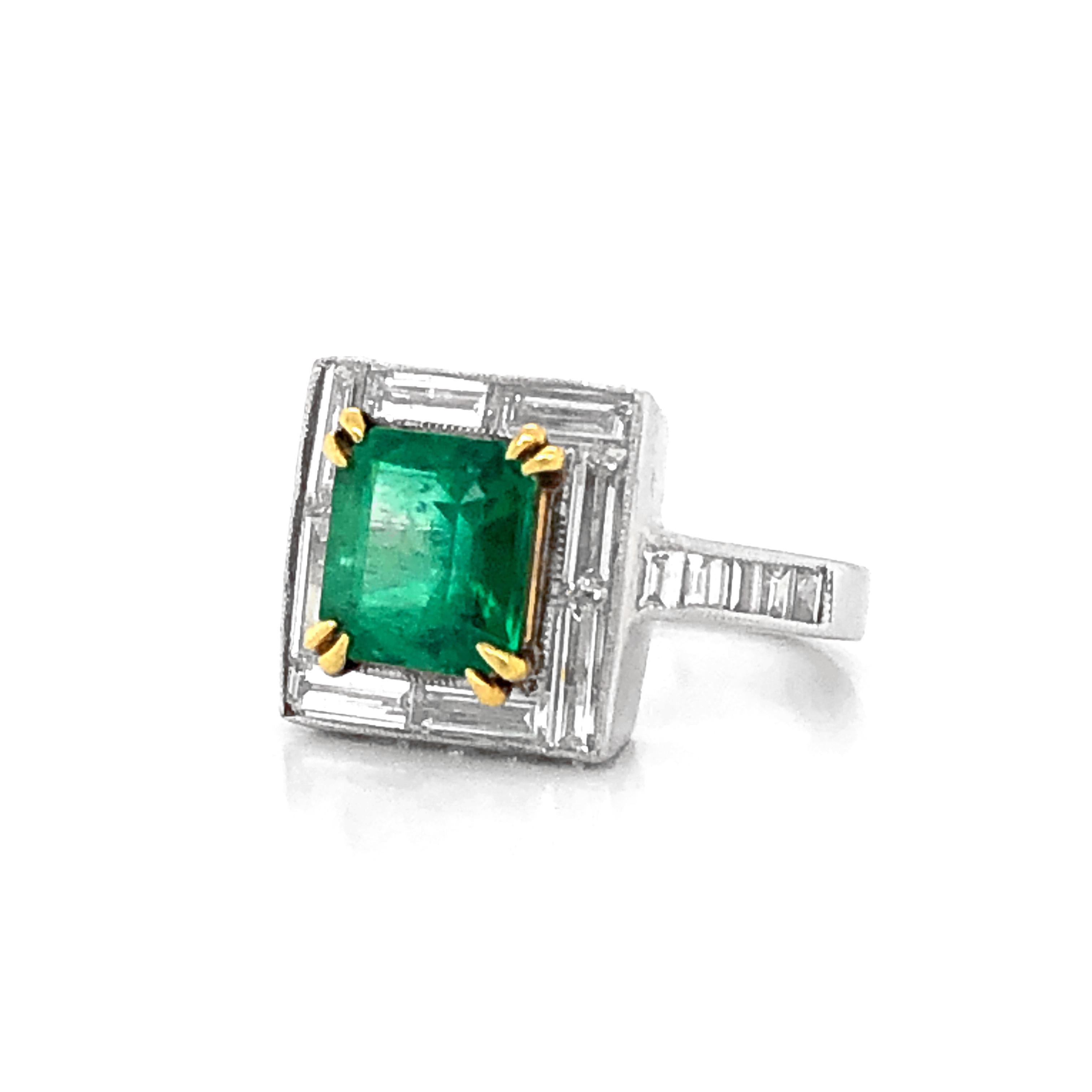 Women's Certified Emerald Cushion 2.28 Carat Round Baguette Diamond Platinum Ring For Sale