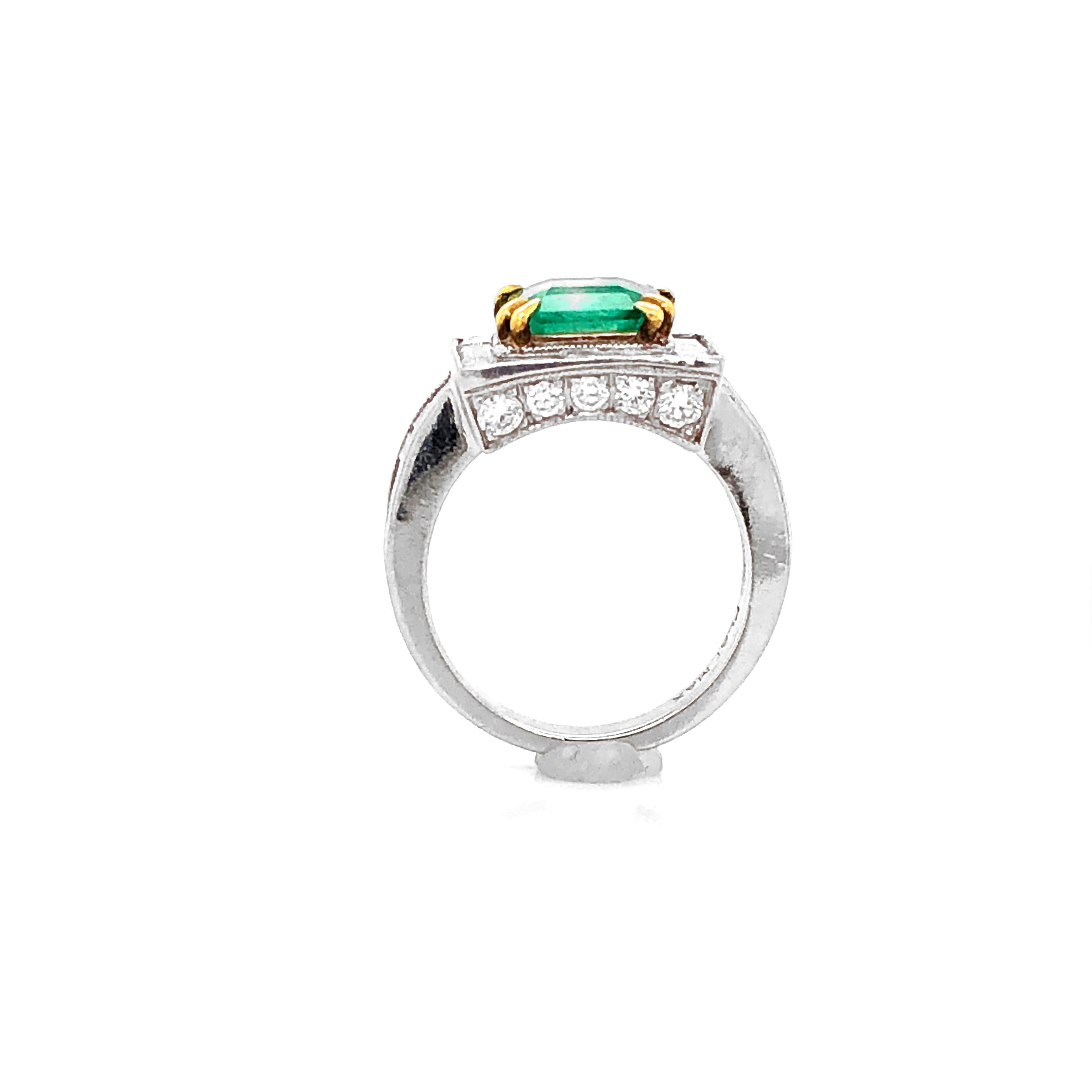 Certified Emerald Cushion 2.28 Carat Round Baguette Diamond Platinum Ring For Sale 1