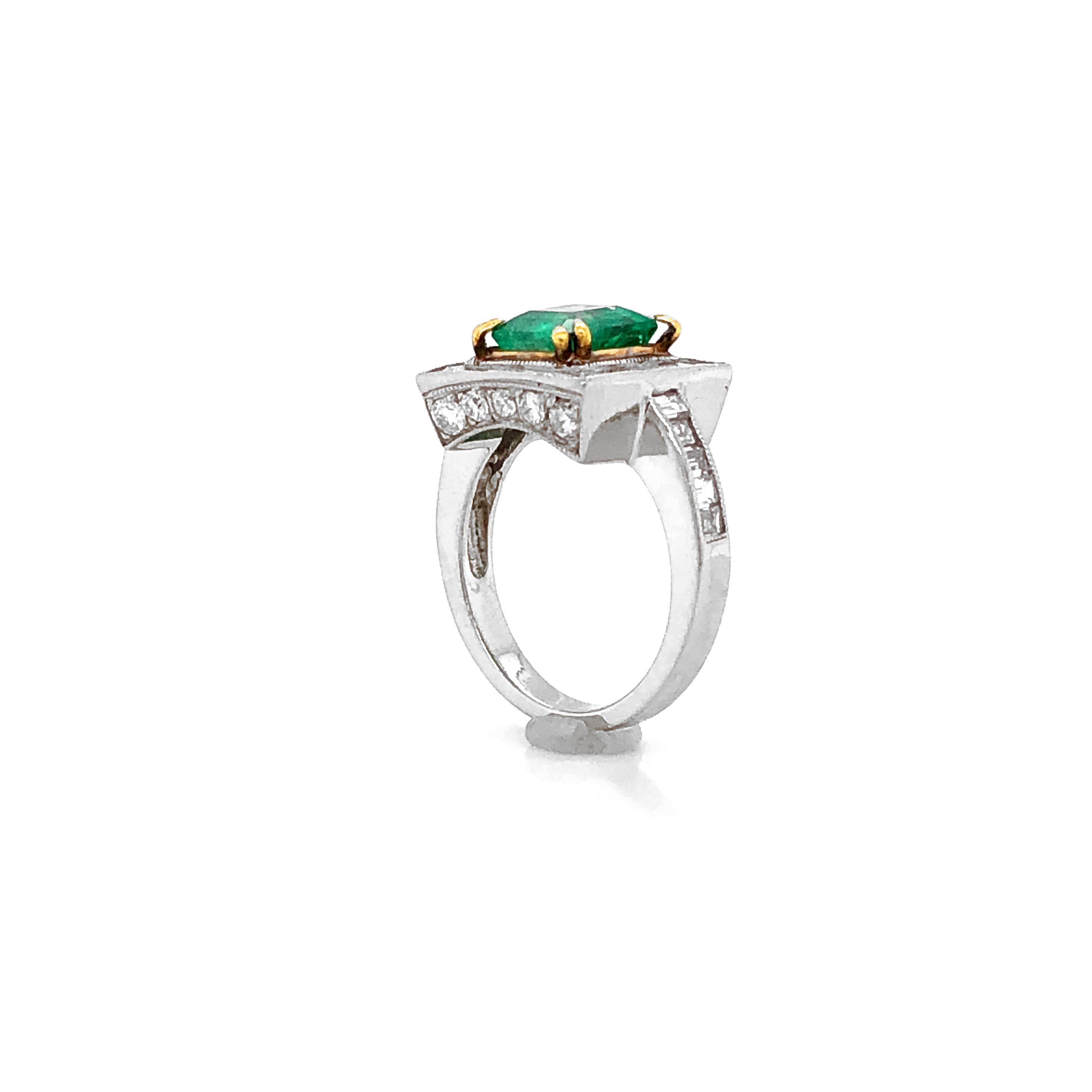 Certified Emerald Cushion 2.28 Carat Round Baguette Diamond Platinum Ring For Sale 2