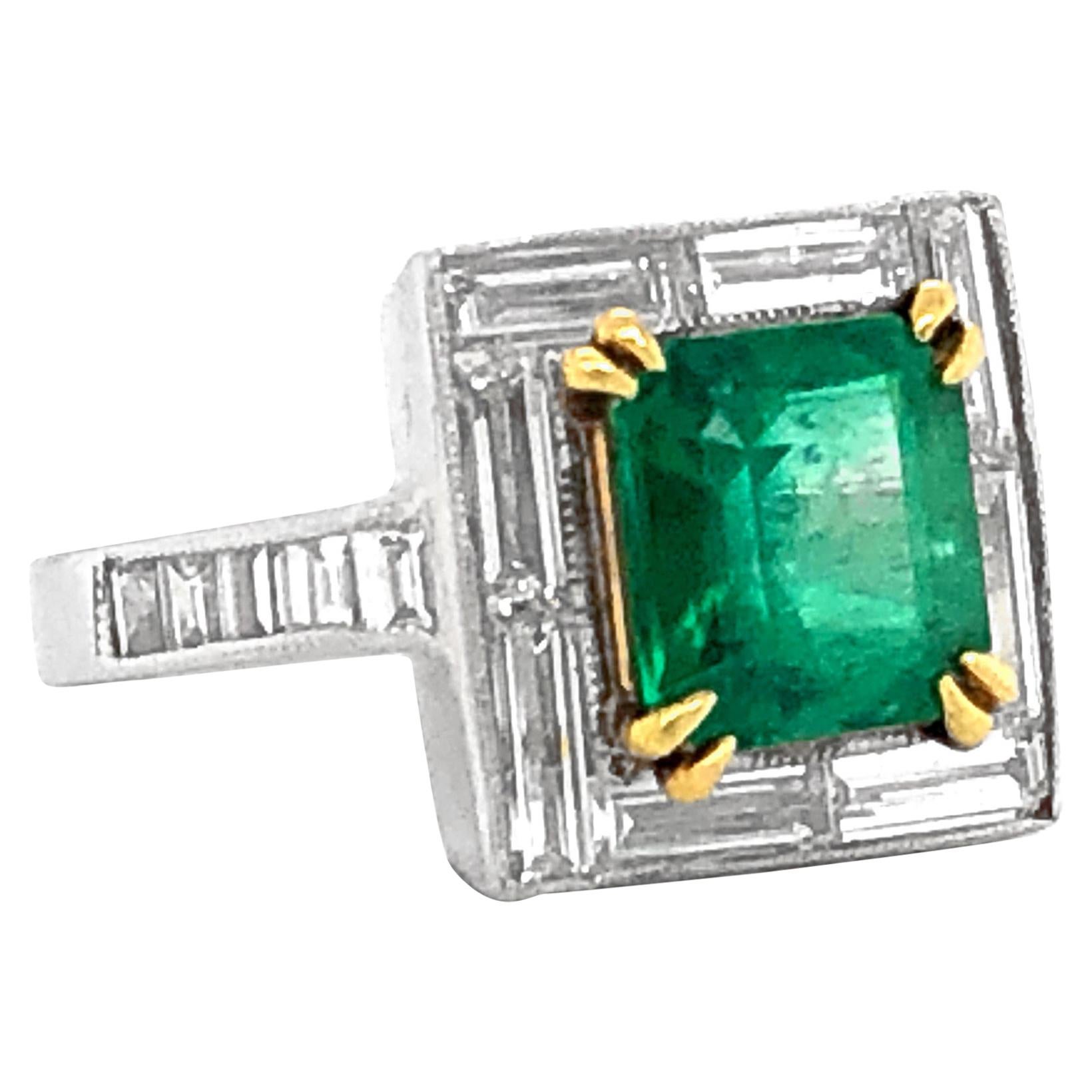 Certified Emerald Cushion 2.28 Carat Round Baguette Diamond Platinum Ring For Sale