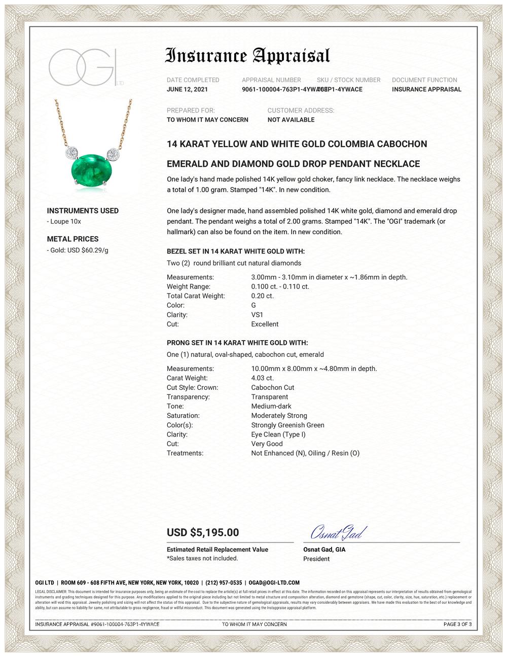 14 karats yellow and white gold necklace pendant with Colombia emerald
Necklace measuring 17 inches long
Colombia emerald-cut emerald  weighing 4.03 carats
Two diamonds weighing 0.20 carats
Cable chain necklace with lobster spring lock
New