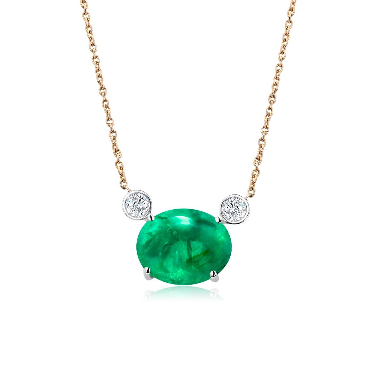 Modern Colombia Green Cabochon Emerald and Diamond Gold Drop Pendant Necklace