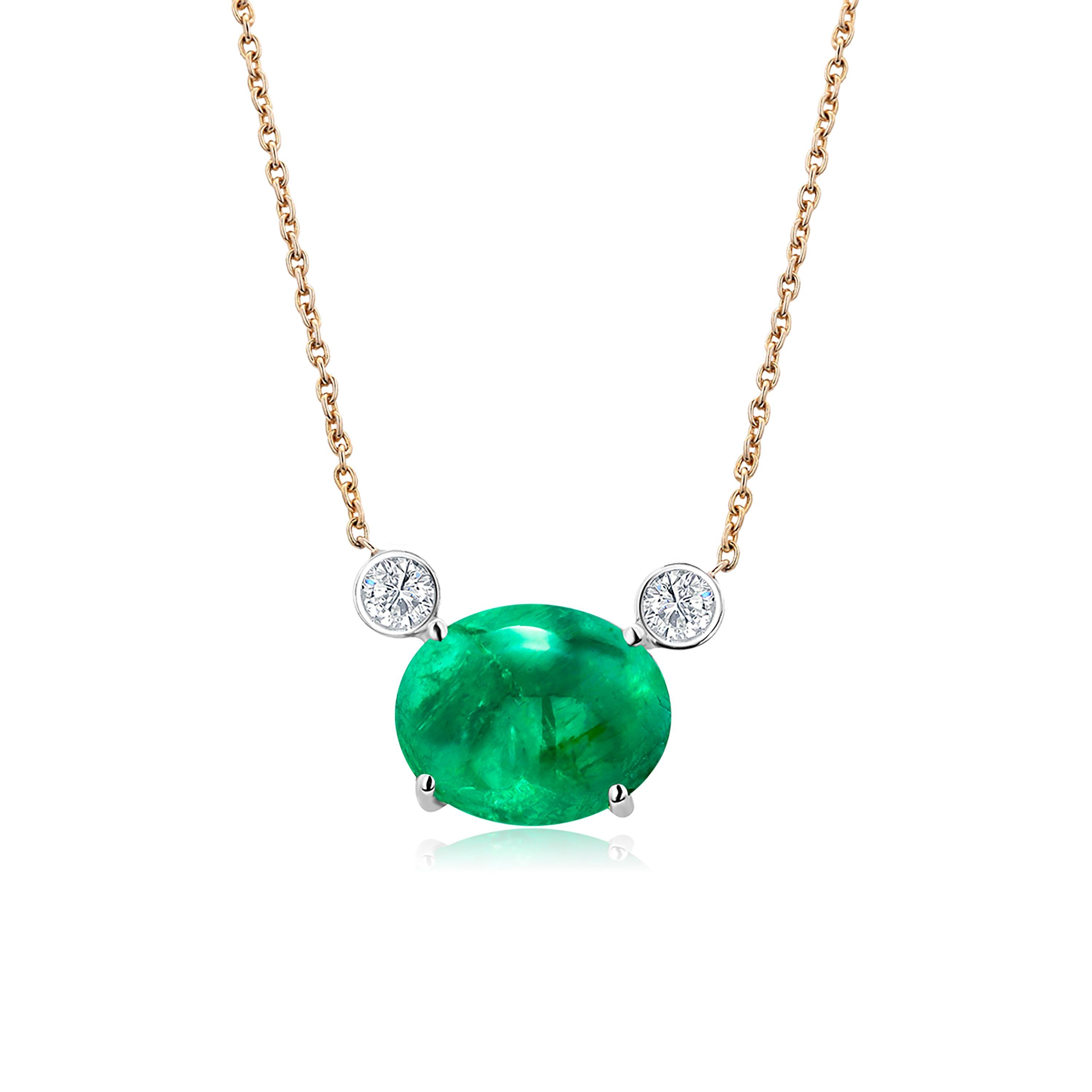 Colombia Green Cabochon Emerald and Diamond Gold Drop Pendant Necklace In New Condition In New York, NY
